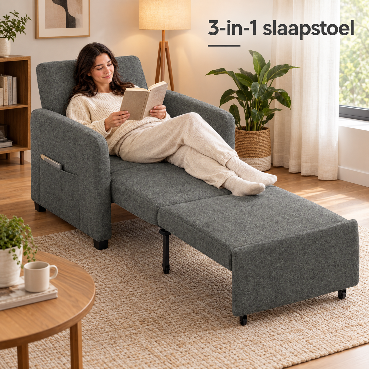 Grijze 3-in-1 slaapstoel van BukkitBow met 5 rugstanden, uitgeschoven tot 235 cm, geschikt voor comfortabel loungen en slapen.