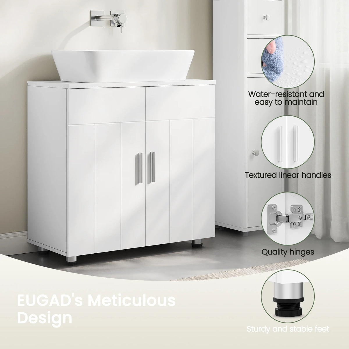EUGAD White Bathroom Cabinet Under Sink 60x60x30cm Storage Cupboard with 2 Doors Shelves Vanity Unit with Adjustable Divider