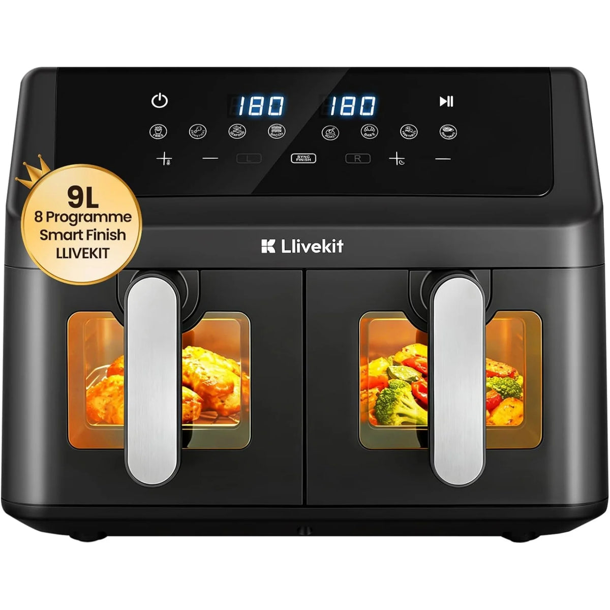 Zwarte dubbele airfryer met twee lades, verlichte kijkvensters en aanraakdisplay aan de voorzijde
