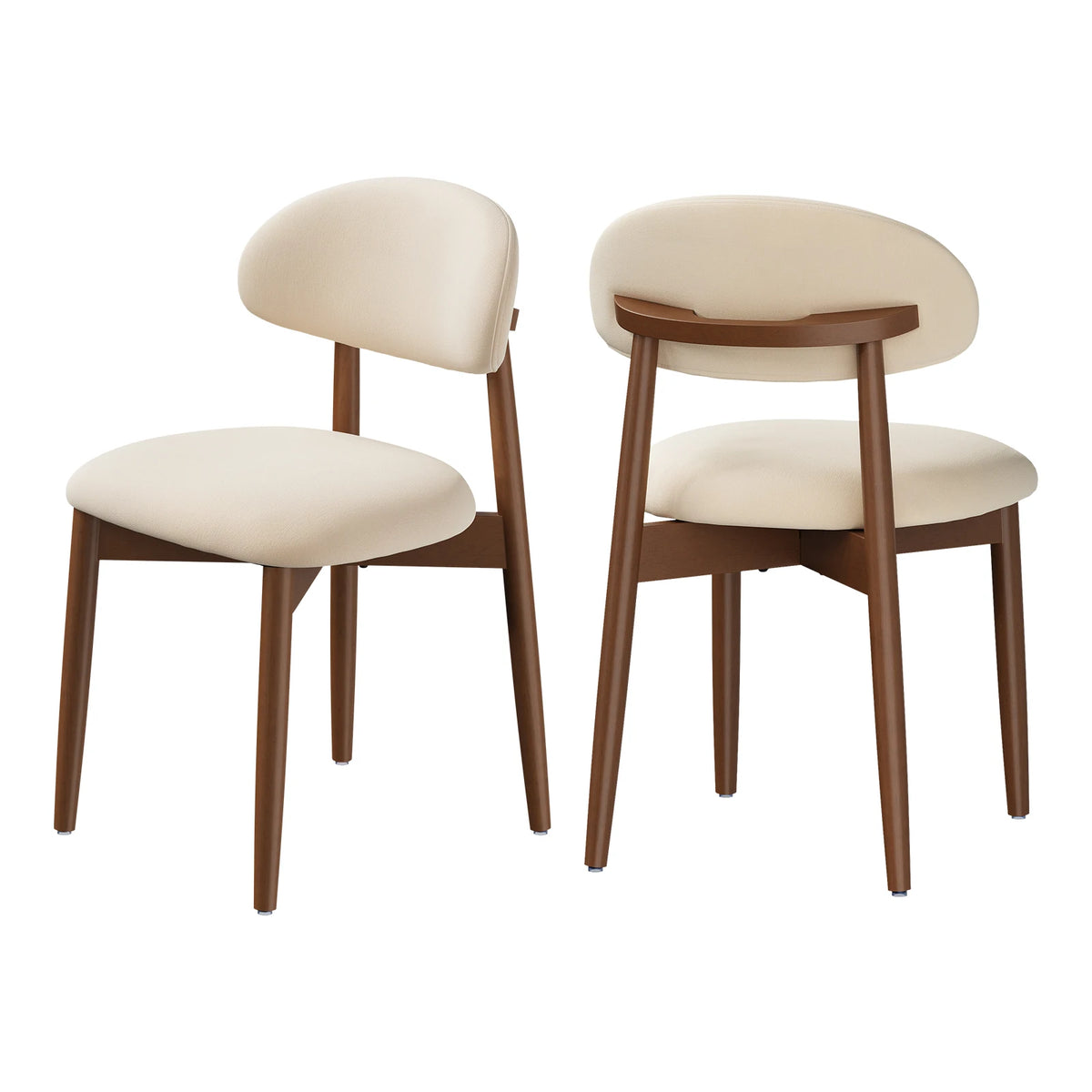 Twee beige chenille eetkamerstoelen met houten poten, schuin van voren en van achteren bekeken