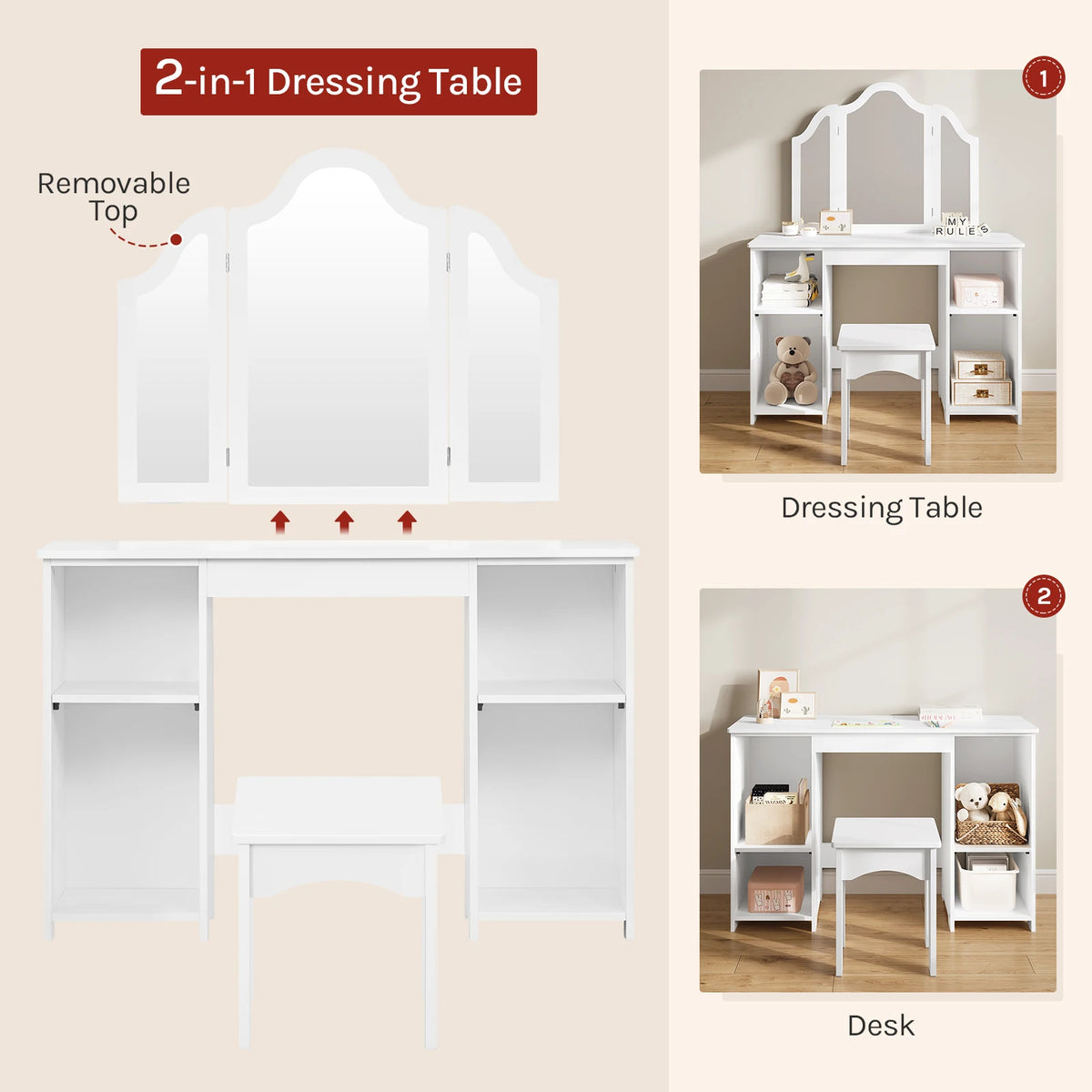 WOLTU Children's Dressing Table with Stool Mirror Wooden Small Dressing Table with Adjustable Shelves Girls Cosmetic Table White