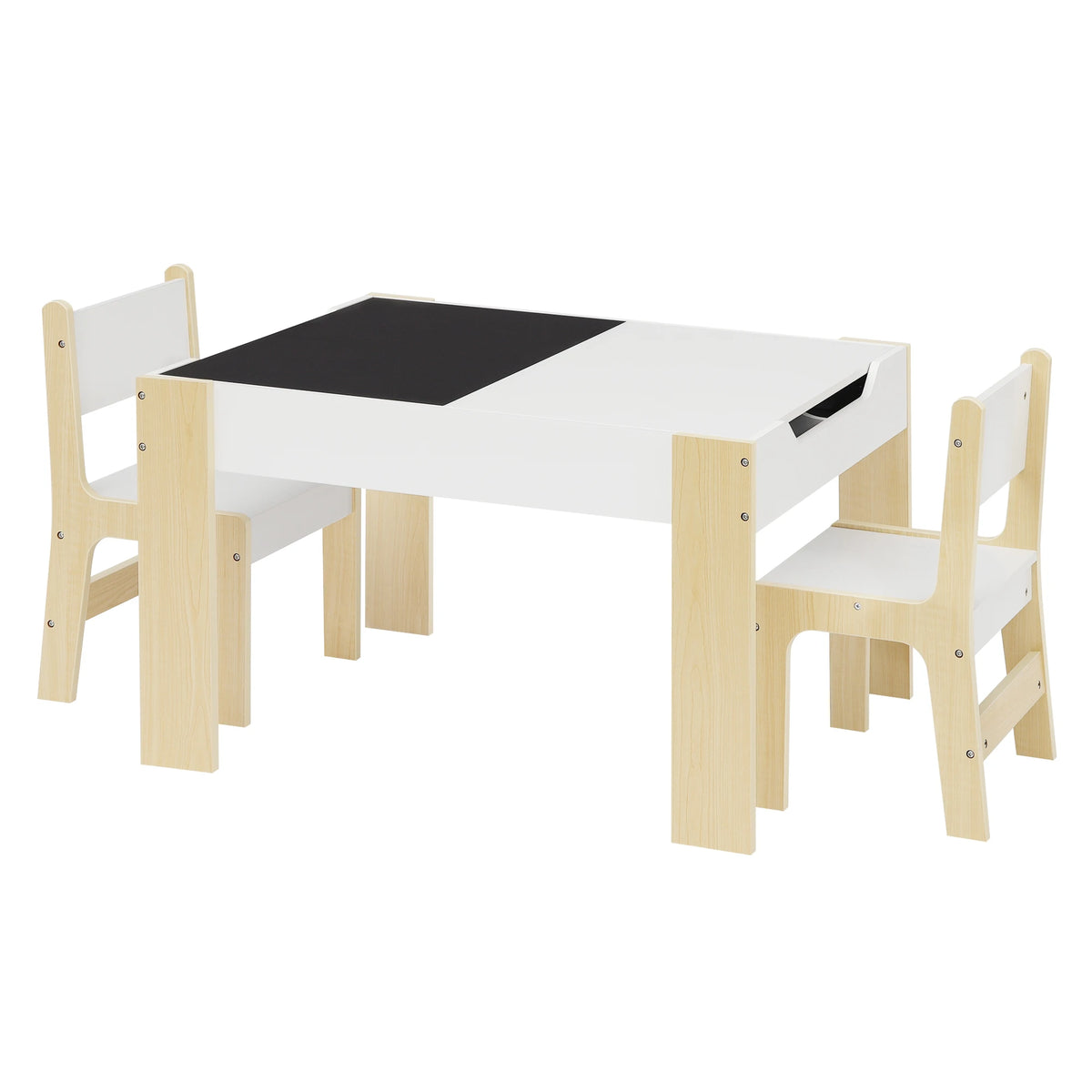 Kindertafel met 2 stoelen in wit en licht eiken, met een deels donker tafelblad