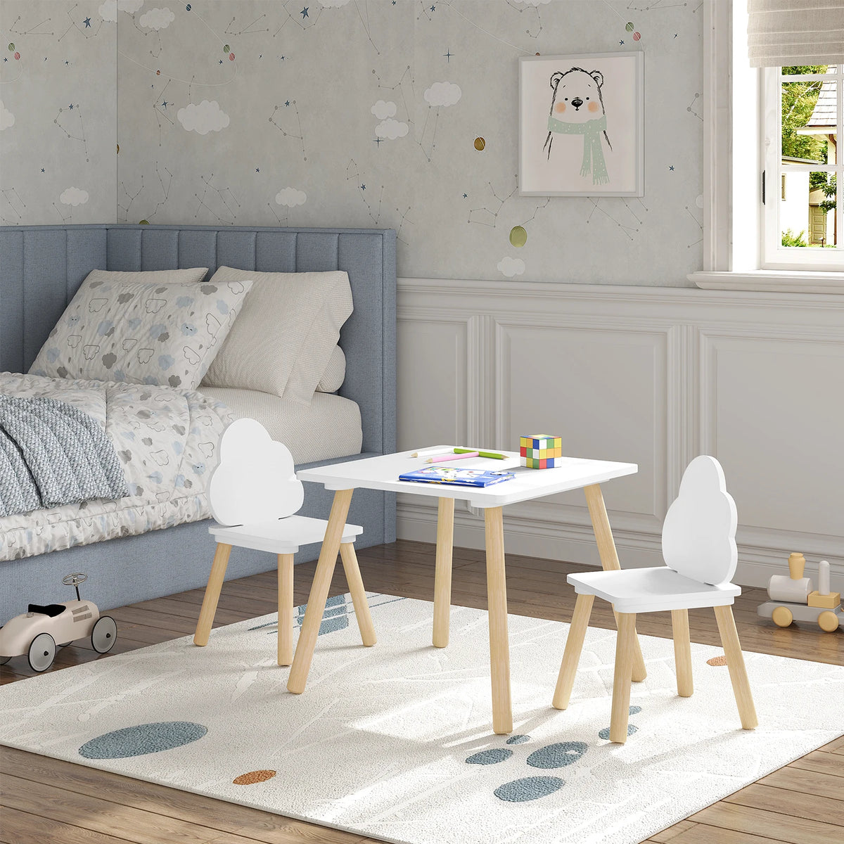 WOLTU Children's Table with 2 Chairs Cloud Backrest Solid Wood Legs for Toddlers Preschoolers Reading Food Storage