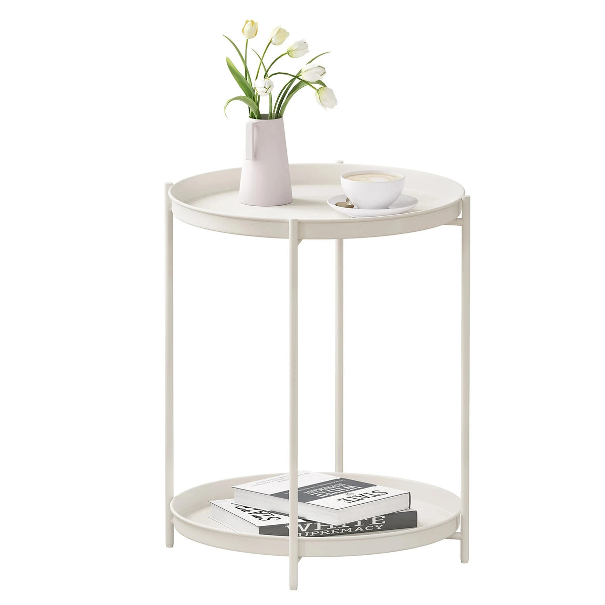 WOLTU Round Coffee Table Metal Side Table with Storage Space 2 Removable Trays Bedside Table for Living Room Bedroom Decor