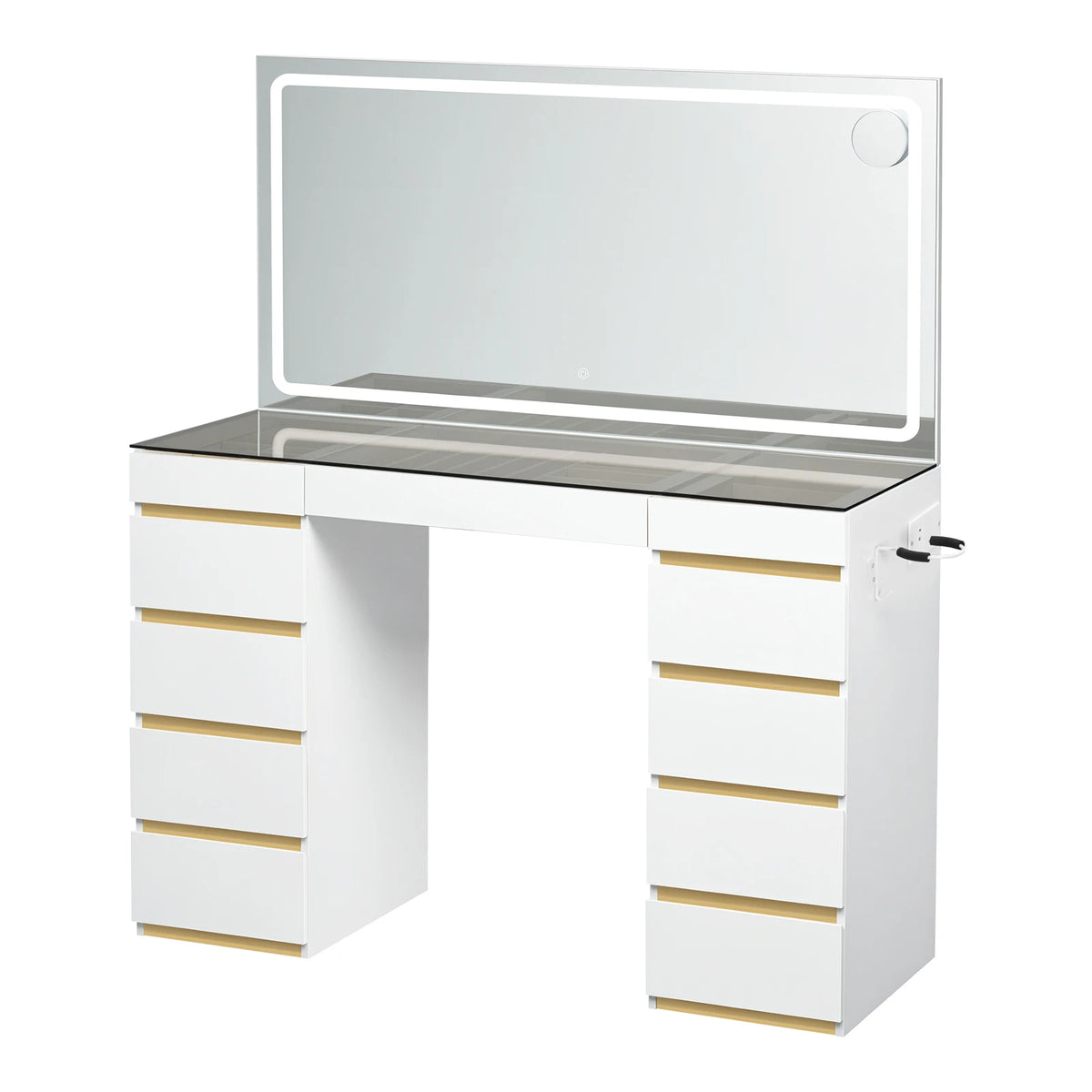 Kaptafel met LED-spiegel – 11 lades – Glazen blad – Stopcontact en USB