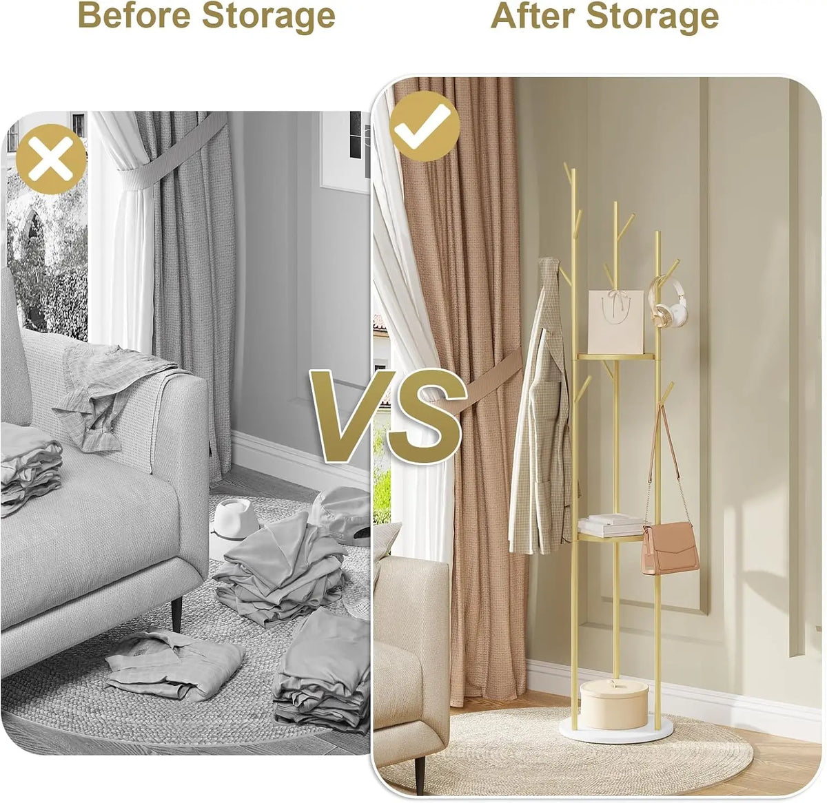 Standing Metal Tree Shape Clothes Rack Coat Rack with Marble Base 3 Shelves and 9 Hooks for Clothes Bags Hats
