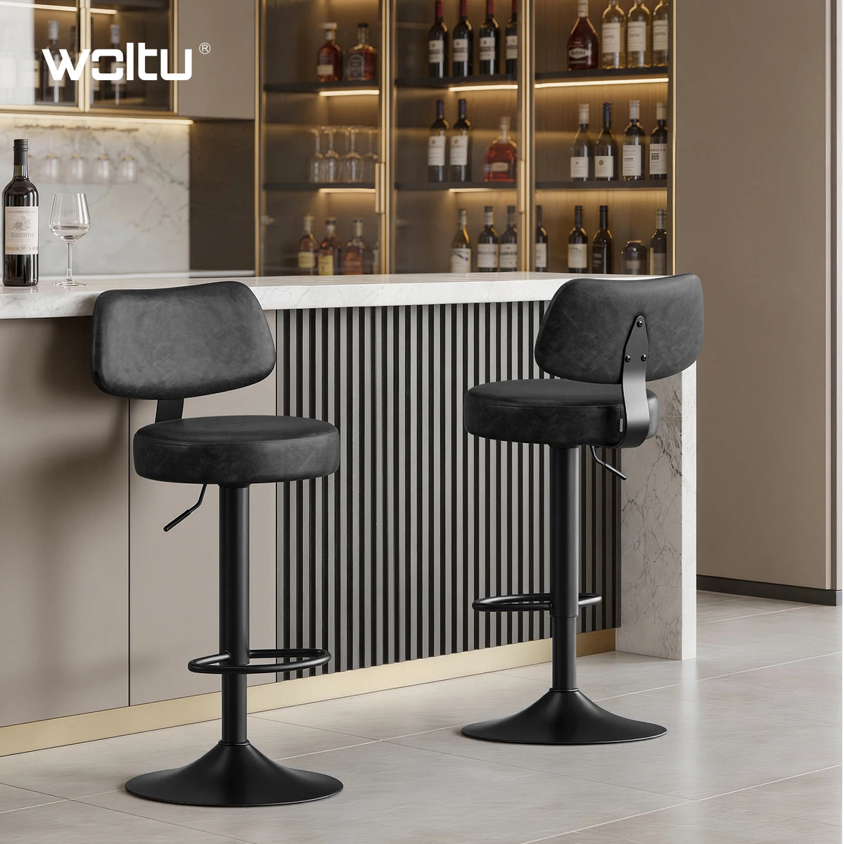 WOLTU 2PCS Kitchen High Stools Height Adjustable Counter Stools 360° Rotatable Bar Stools with Backrest and Footrest Stools for Kitchen Bar Restaurant