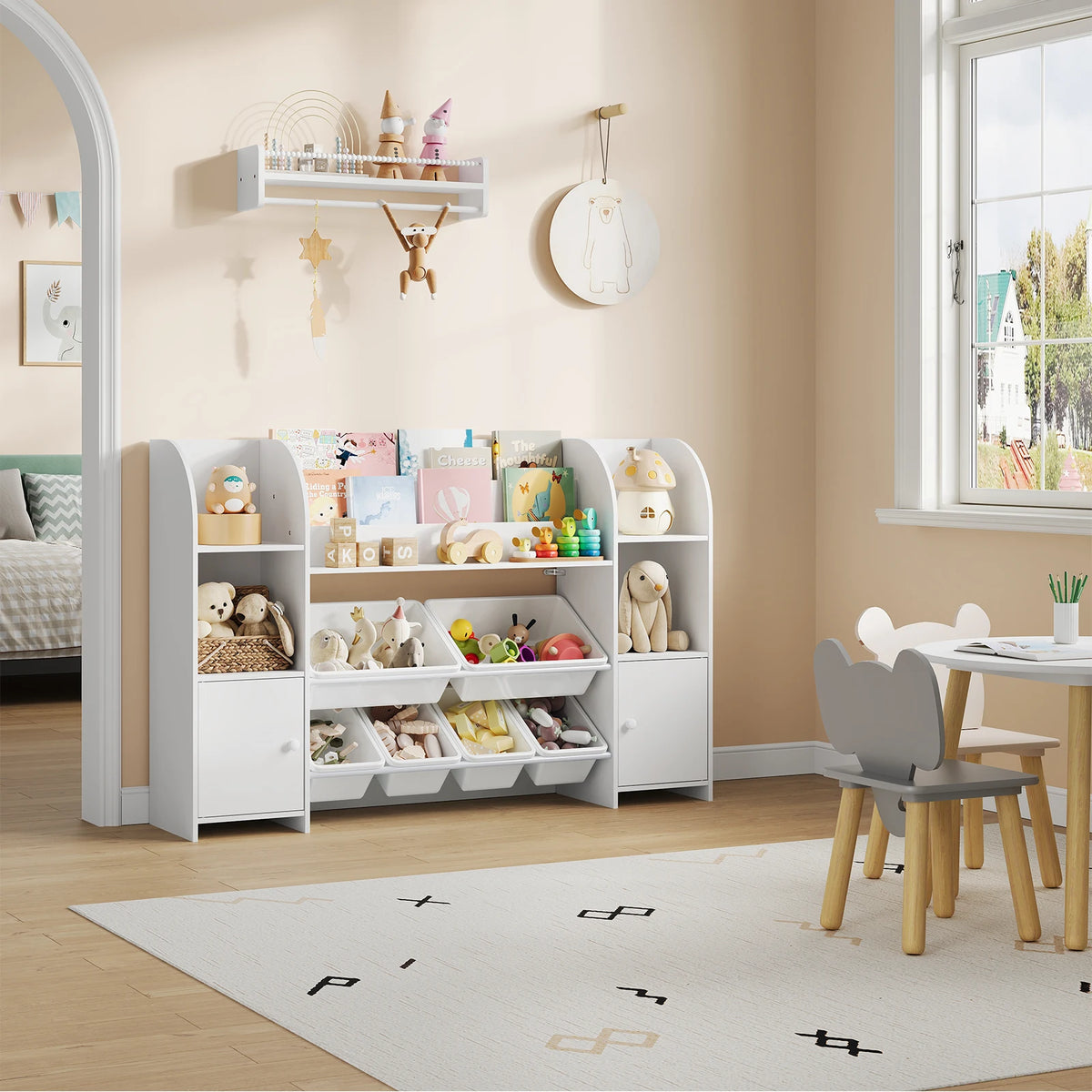 WOLTU Children's Bookcase Organizer Shelf with Open Compartments for Books and 2 Cabinets 6 Removable Plastic Containers with Doors for Children's Bedroom Living Room