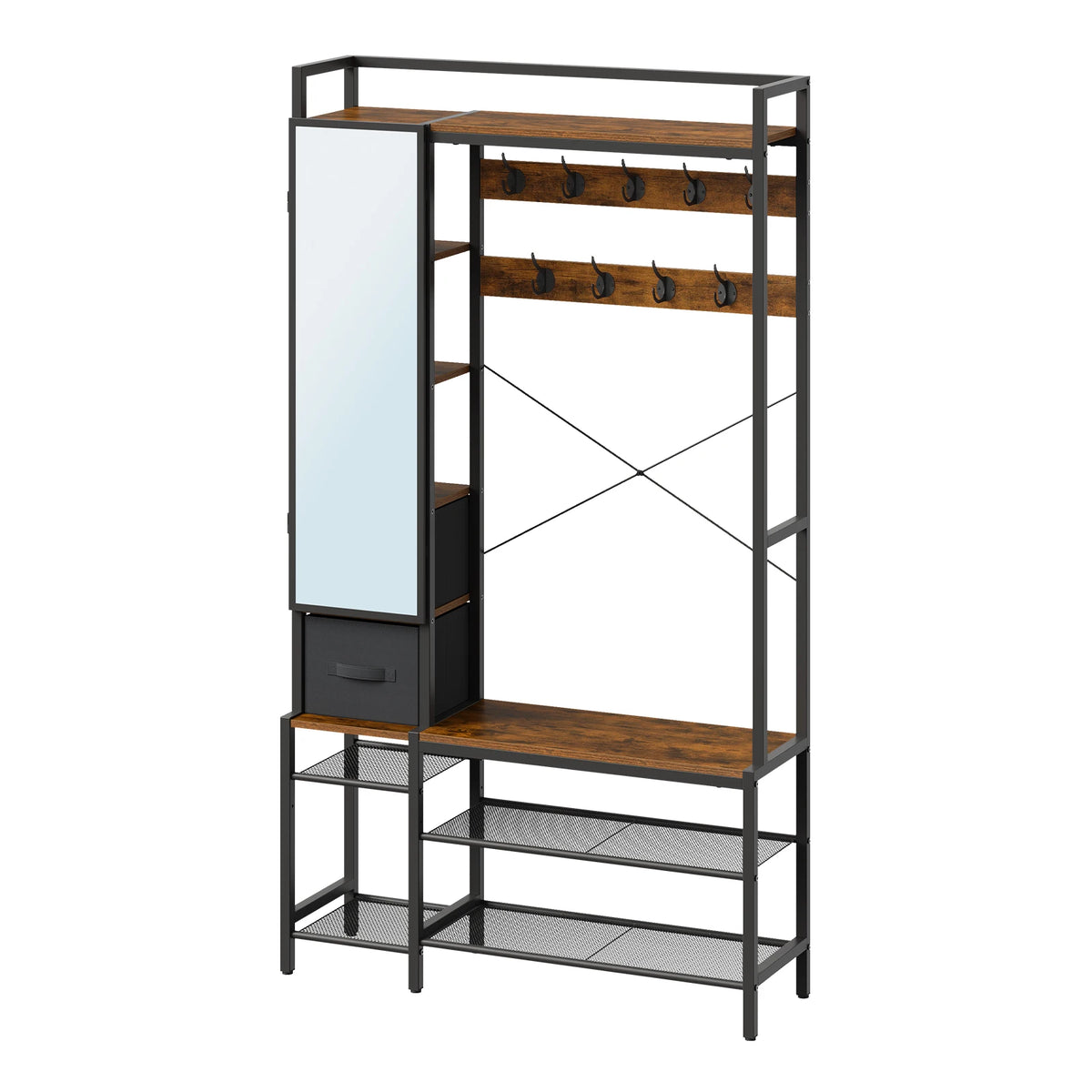 Kapstok met schoenenrek – Spiegel en bankje – 9 dubbele haken – 100 × 30 × 180 cm