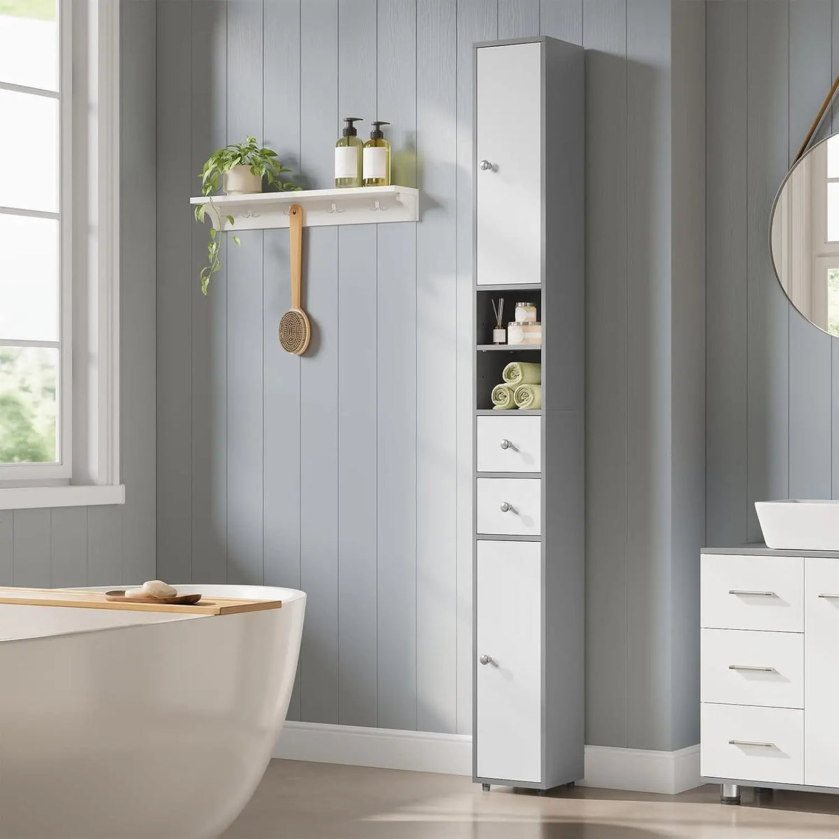 EUGAD Narrow Tall MDF Bathroom Cabinet 20x180x20cm Bath Organizer Adjustable Shelves Moisture Resistant Anti-Tilt Space Saving Storage