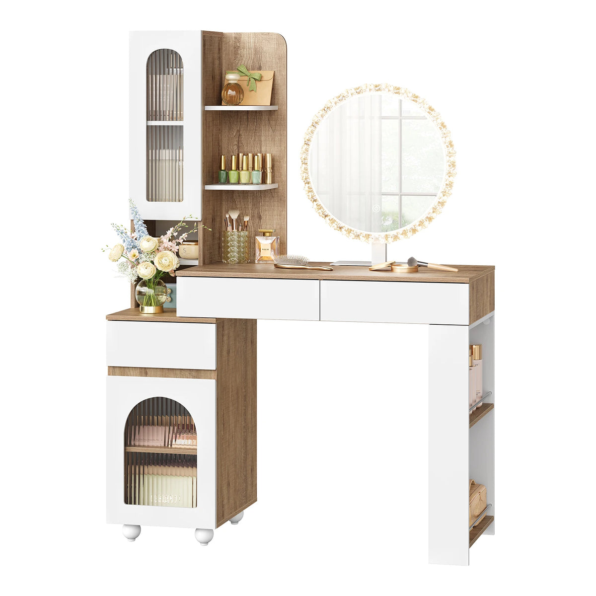 Kaptafel in wit en eikenlook met ronde spiegel, drie lades, kastdeuren en open planken op witte achtergrond