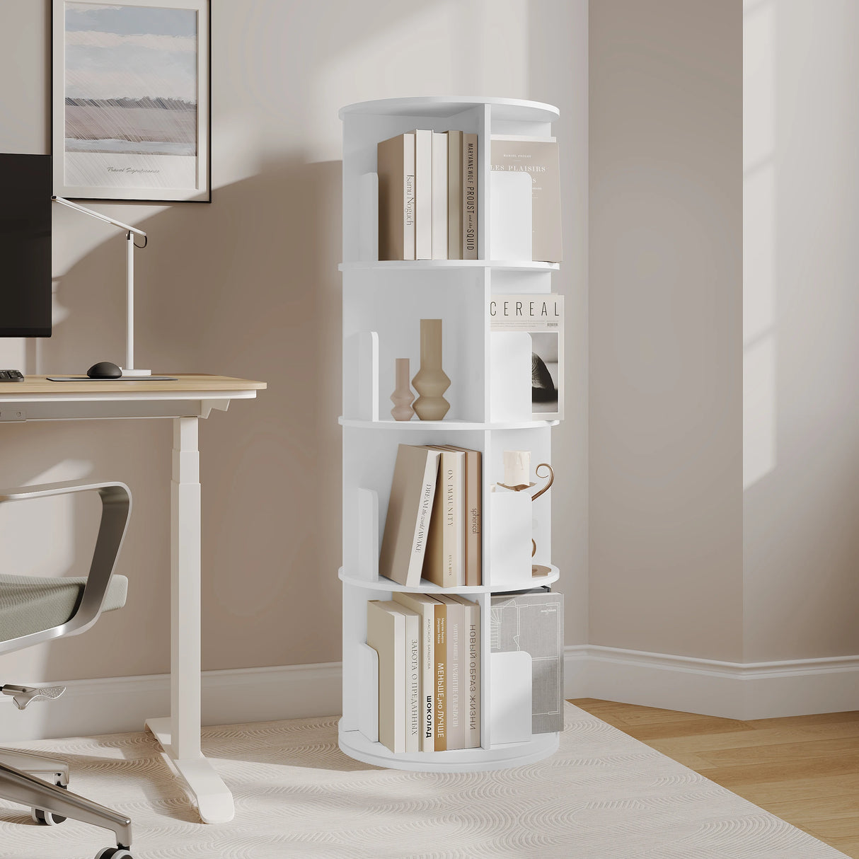 BukkitBow modulaire roterende boekenkast met 360 graden draaibaar ontwerp, zichtbaar in de afbeelding.