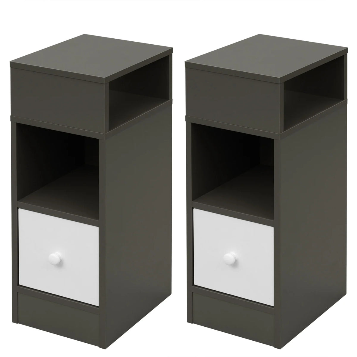 EUGAD 2PCs Bedroom Bedside Table with 2Open Shelves 1Drawer 25x66x30cm Slim Small Storage Cabinet Nightstand Space-Saving Home Decor