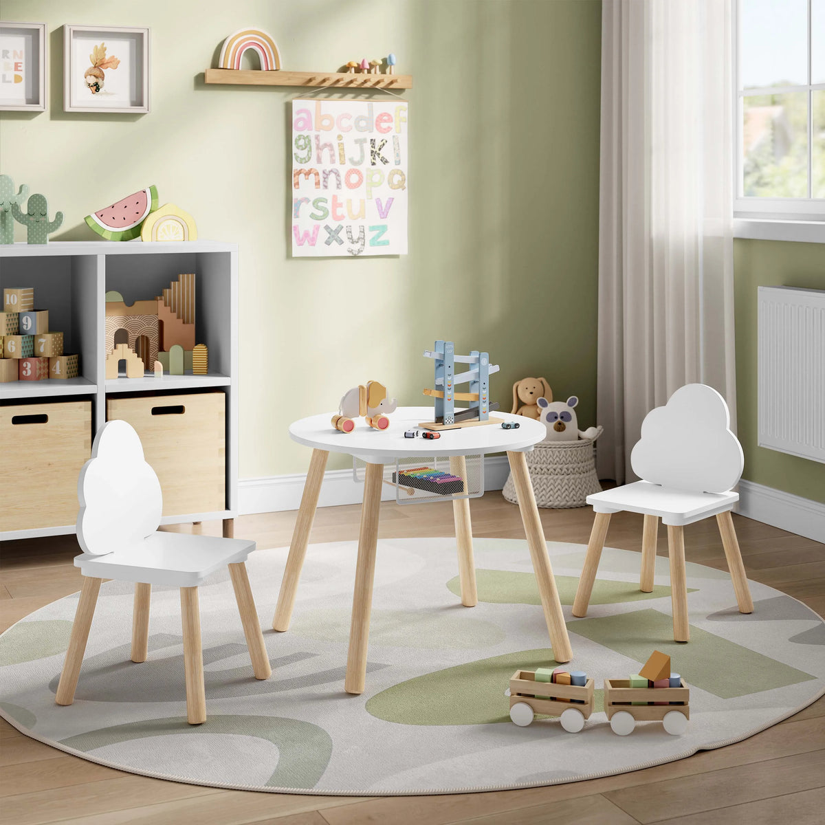 WOLTU Children's Table with 2 Chairs Cloud Backrest Solid Wood Legs for Toddlers Preschoolers Reading Food Storage