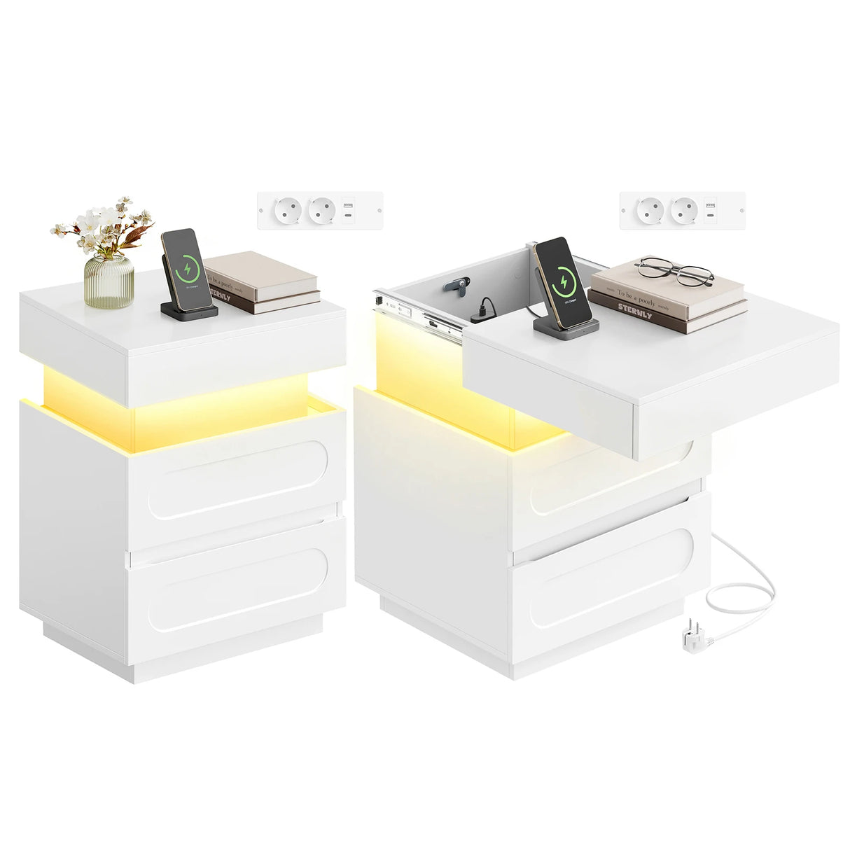 BukkitBow nachtkastje met LED-verlichting en geheime lade, modern design, houten afwerking en compacte afmetingen.