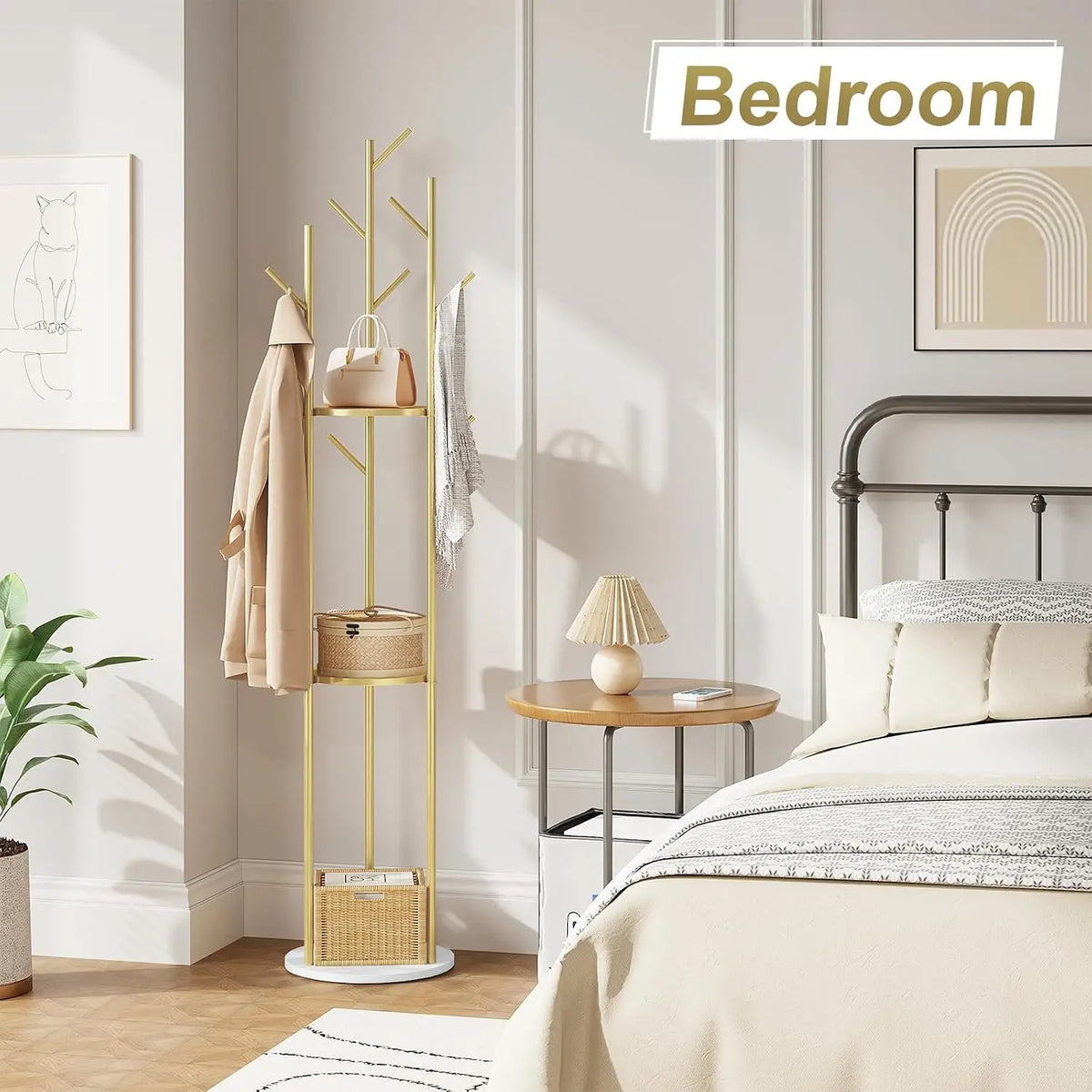 Standing Metal Tree Shape Clothes Rack Coat Rack with Marble Base 3 Shelves and 9 Hooks for Clothes Bags Hats
