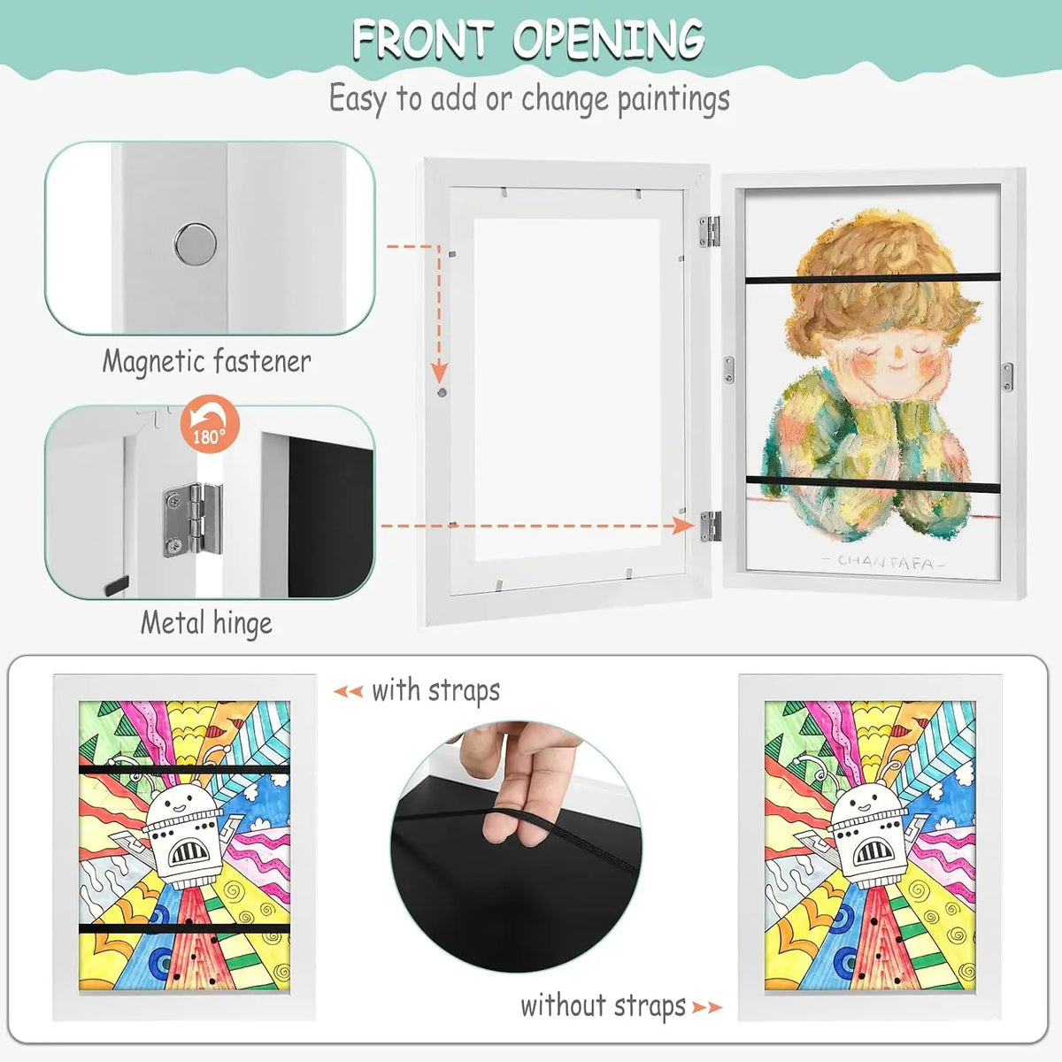 EUGAD 1PC A4 Kids Artistic Photo Frames Wooden Children Drawing Frame with Hooks Front Opening Table Top or Wall Mounted Display for Storage Display