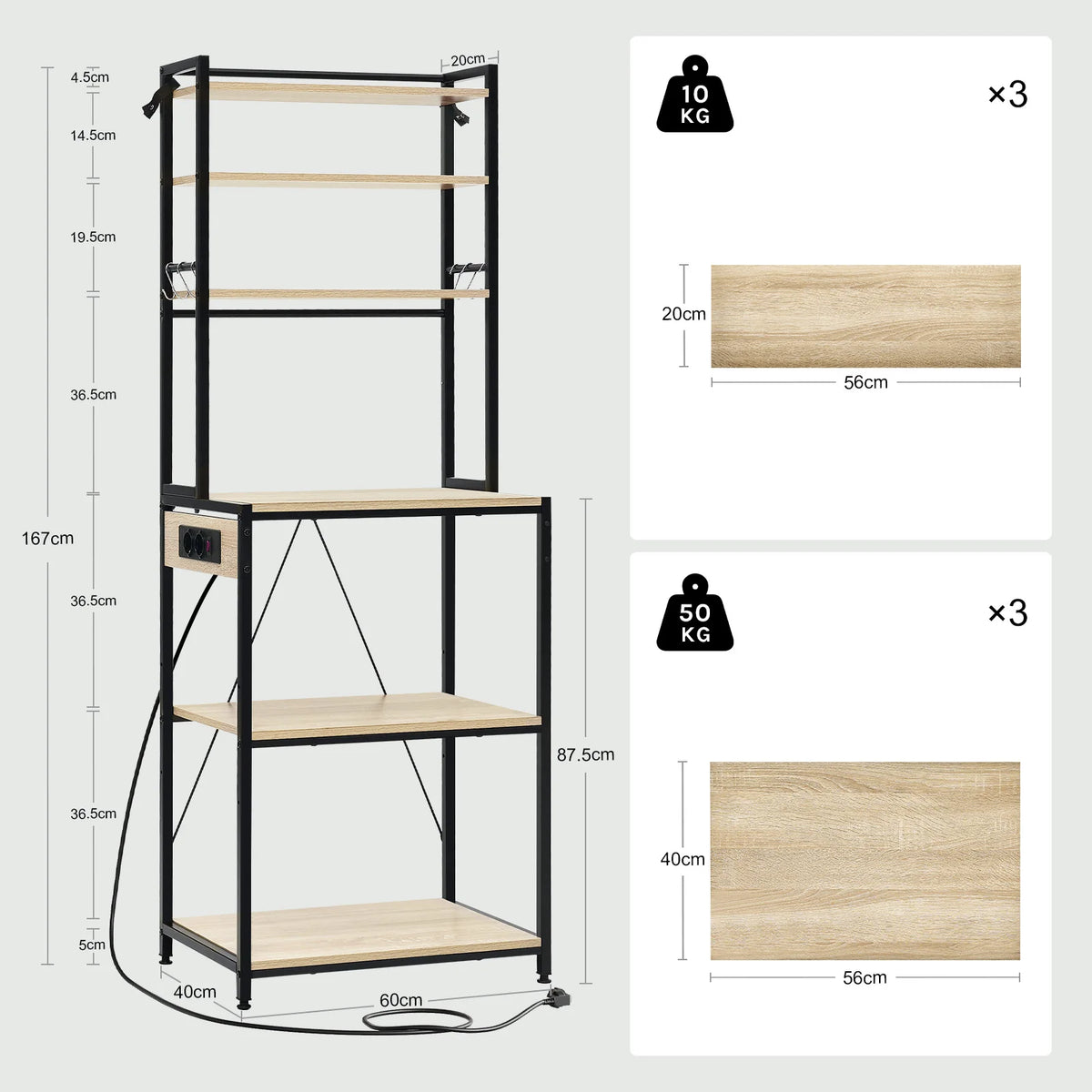 Keukenrek met stopcontact – 6 planken – 6 haken – 60 of 80 cm breed