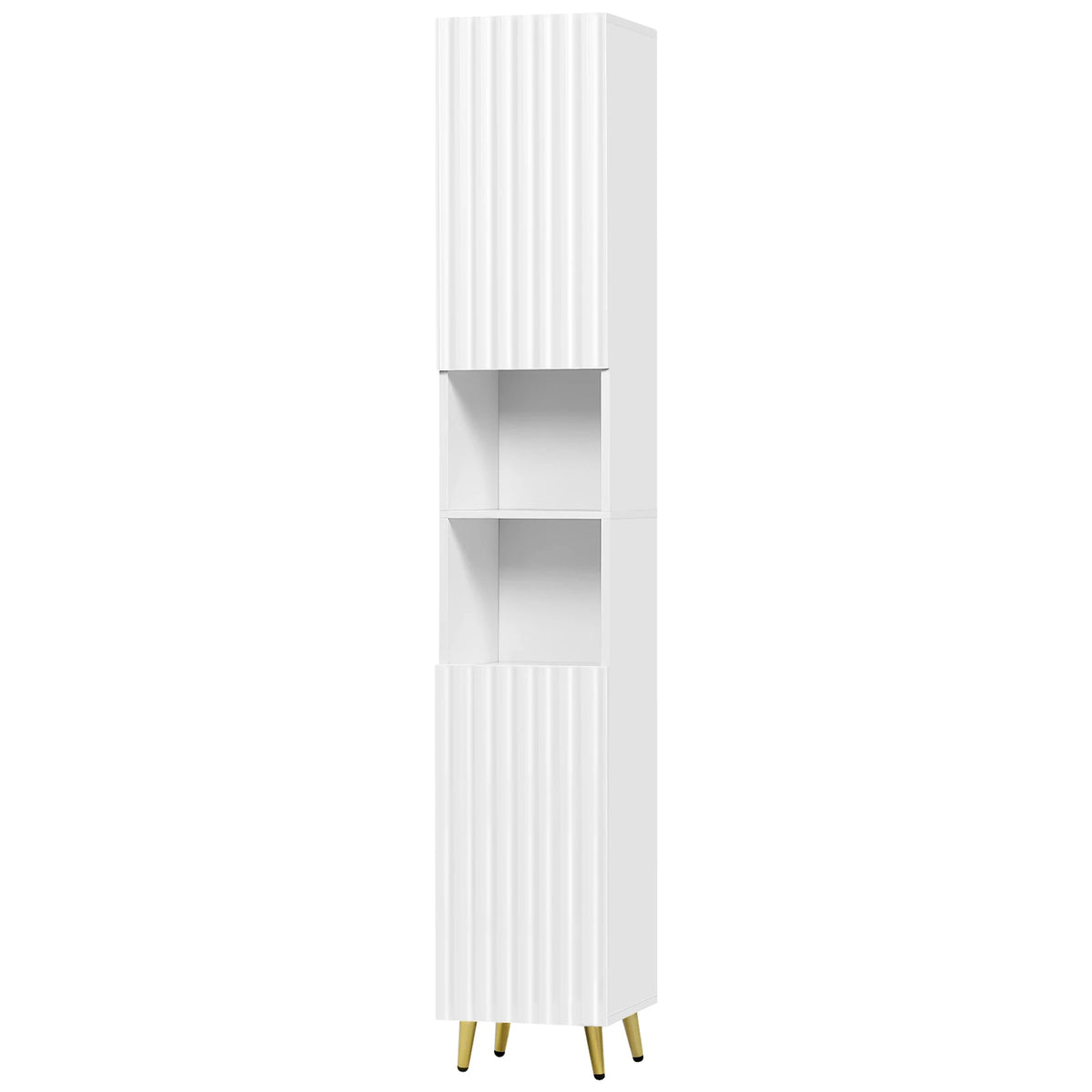 Witte badkamerkast van BukkitBow, 30x28x180 cm, met verstelbare planken en smal ontwerp voor badkamerruimte.