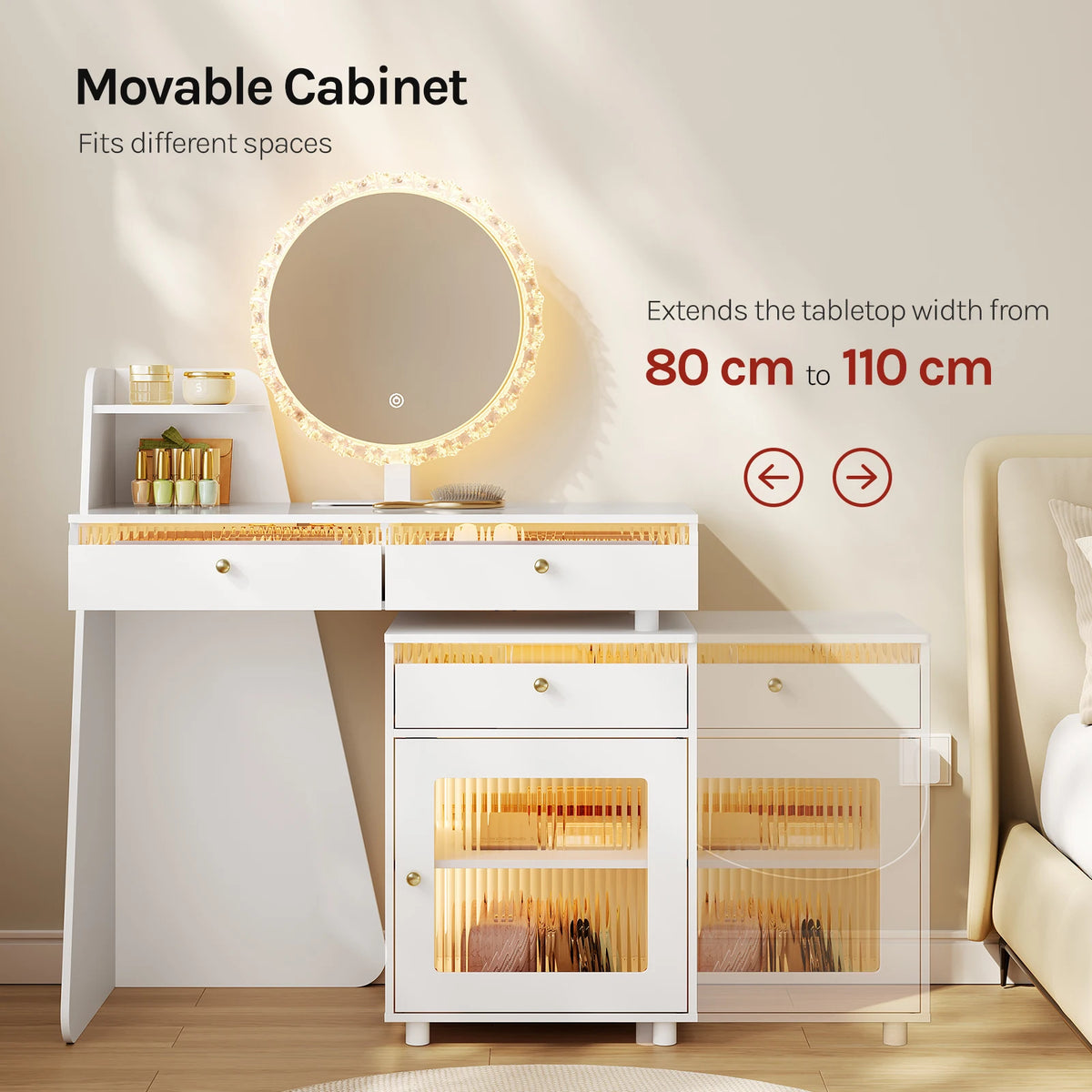WOLTU Makeup Vanity Table with Round Mirror and LED Light Dressing Table with 3 Drawers 1 Cabinet Mountable on Left or Right for Bedroom