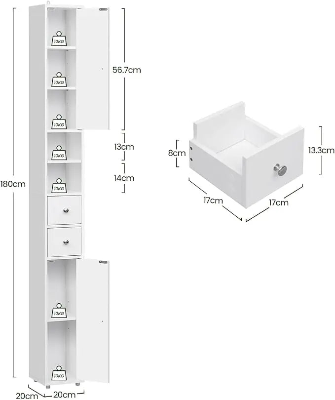 EUGAD Narrow Tall MDF Bathroom Cabinet 20x180x20cm Bath Organizer Adjustable Shelves Moisture Resistant Anti-Tilt Space Saving Storage