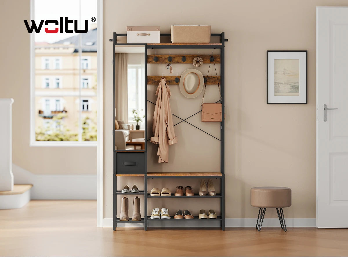WOLTU Open Wardrobe with Shoe Rack and 2 Drawers Metal Frame Freestanding Coat Rack with Mirror 9 Hooks for Bedroom Hallway 100×30×180cm
