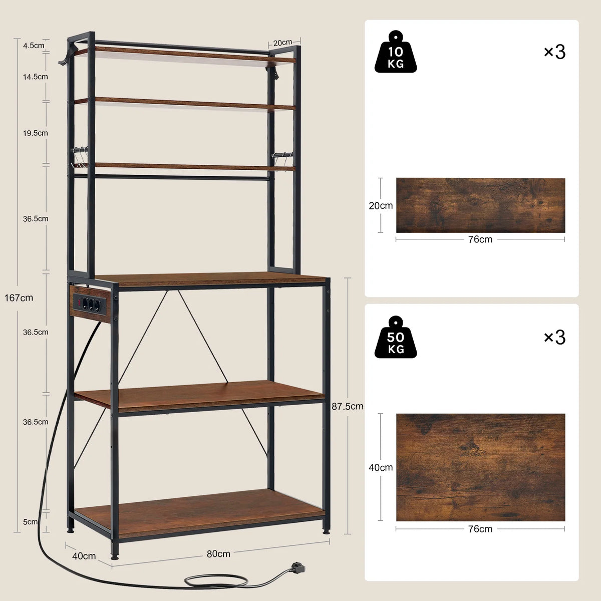 Keukenrek met stopcontact – 6 planken – 6 haken – 60 of 80 cm breed