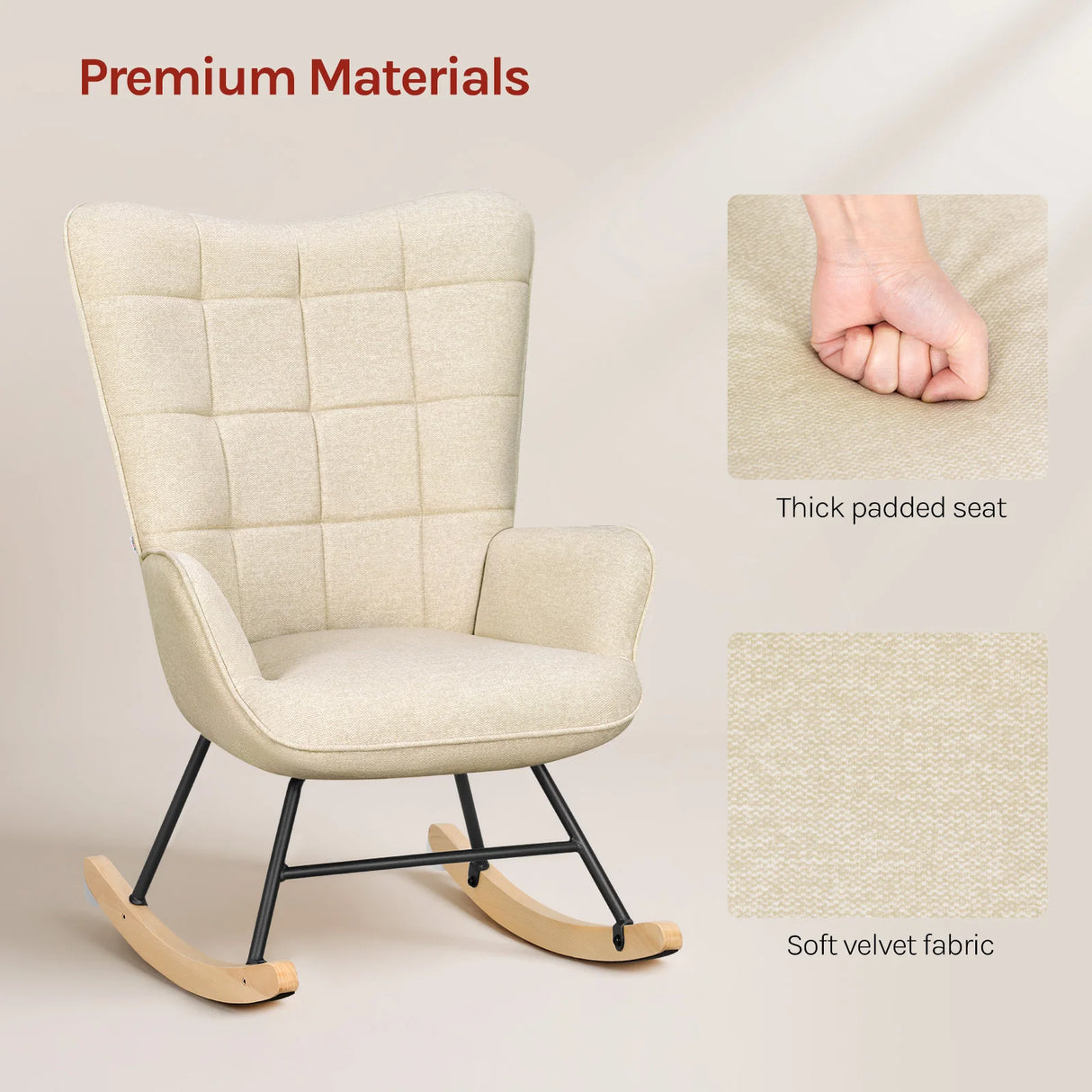 Velvet schommelstoel van BukkitBow in Scandinavische stijl, ergonomisch ontworpen met zachte bekleding en houten frame.