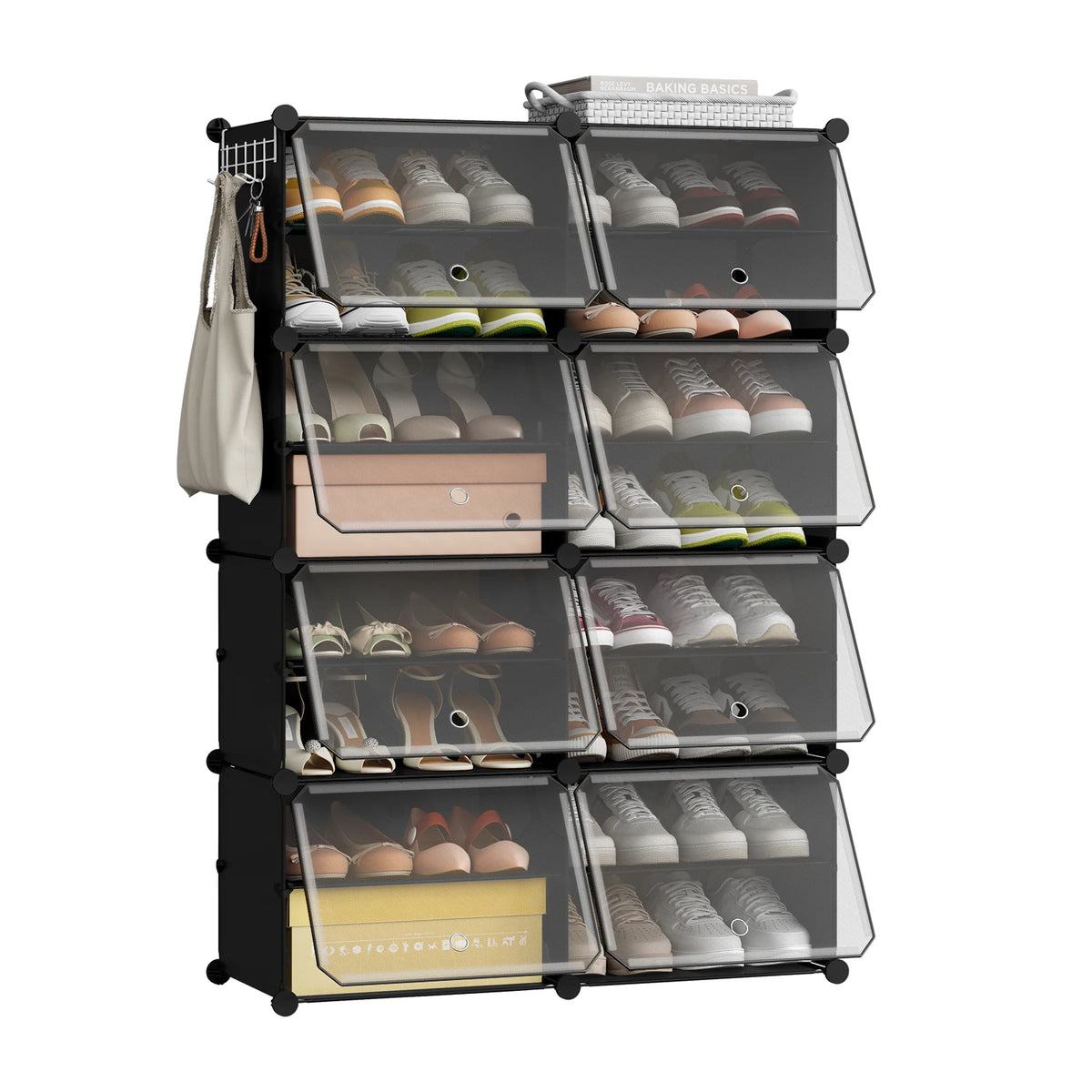 Zwarte modulaire schoenenkast met acht transparante deurtjes, gevuld met schoenen en een tas aan de zijkant