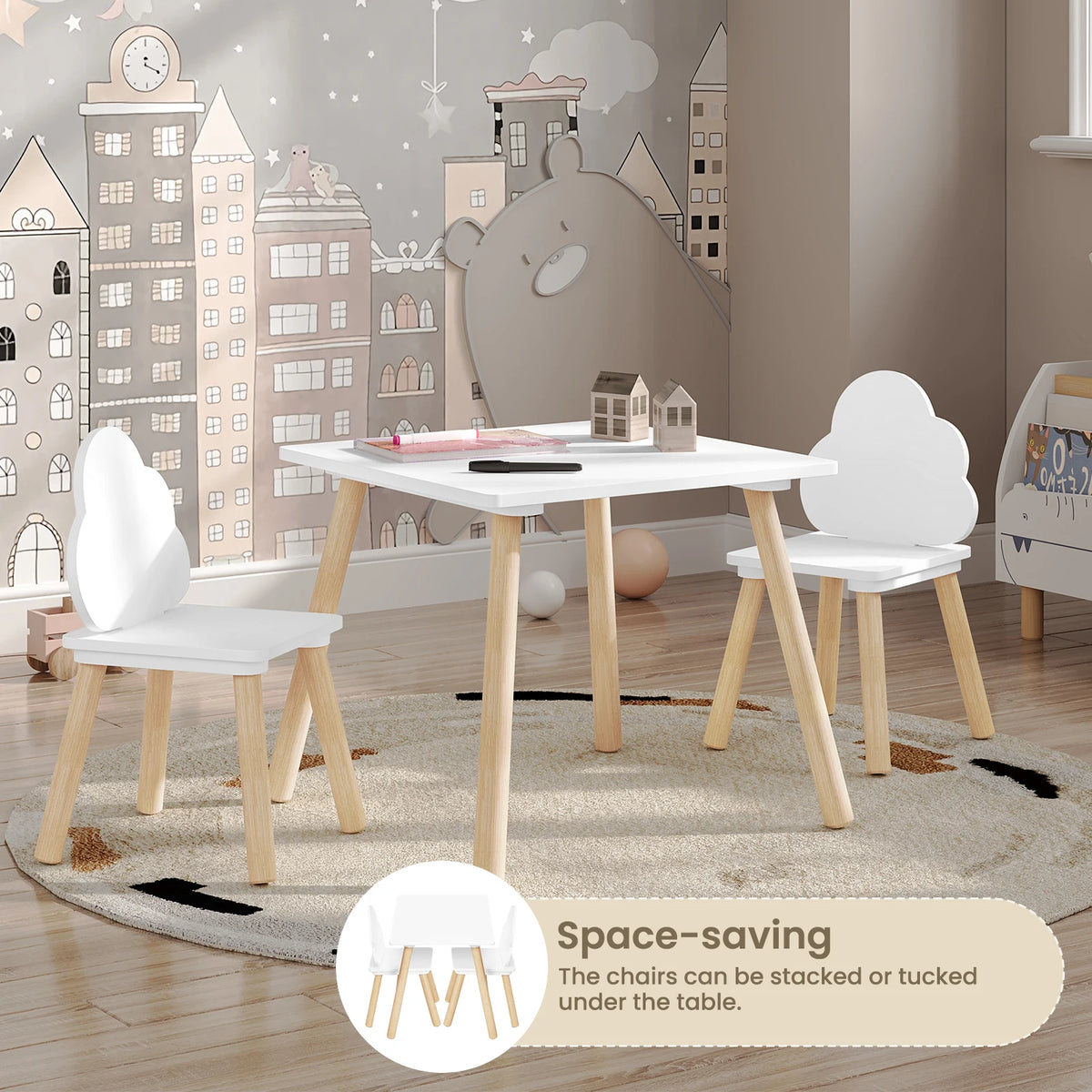WOLTU Children's Table with 2 Chairs Cloud Backrest Solid Wood Legs for Toddlers Preschoolers Reading Food Storage