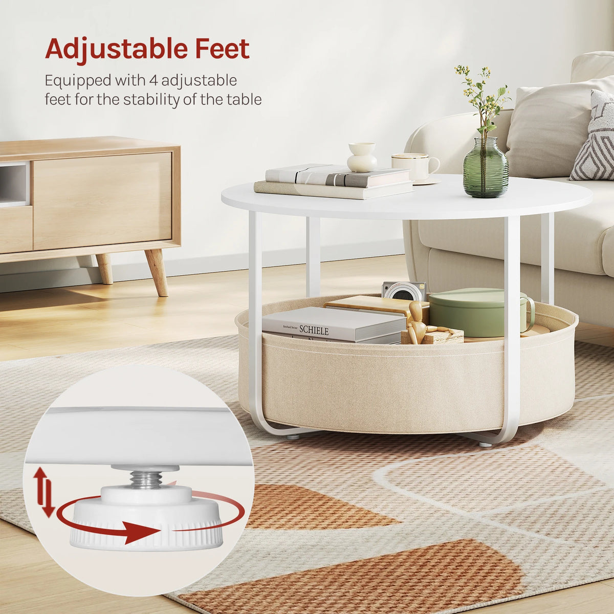 WOLTU Round Side Table Coffee Table with Storage Basket Small Side Table Metal Frame 80cm Diameter Suitable for Living Rooms Sofas Modern Style