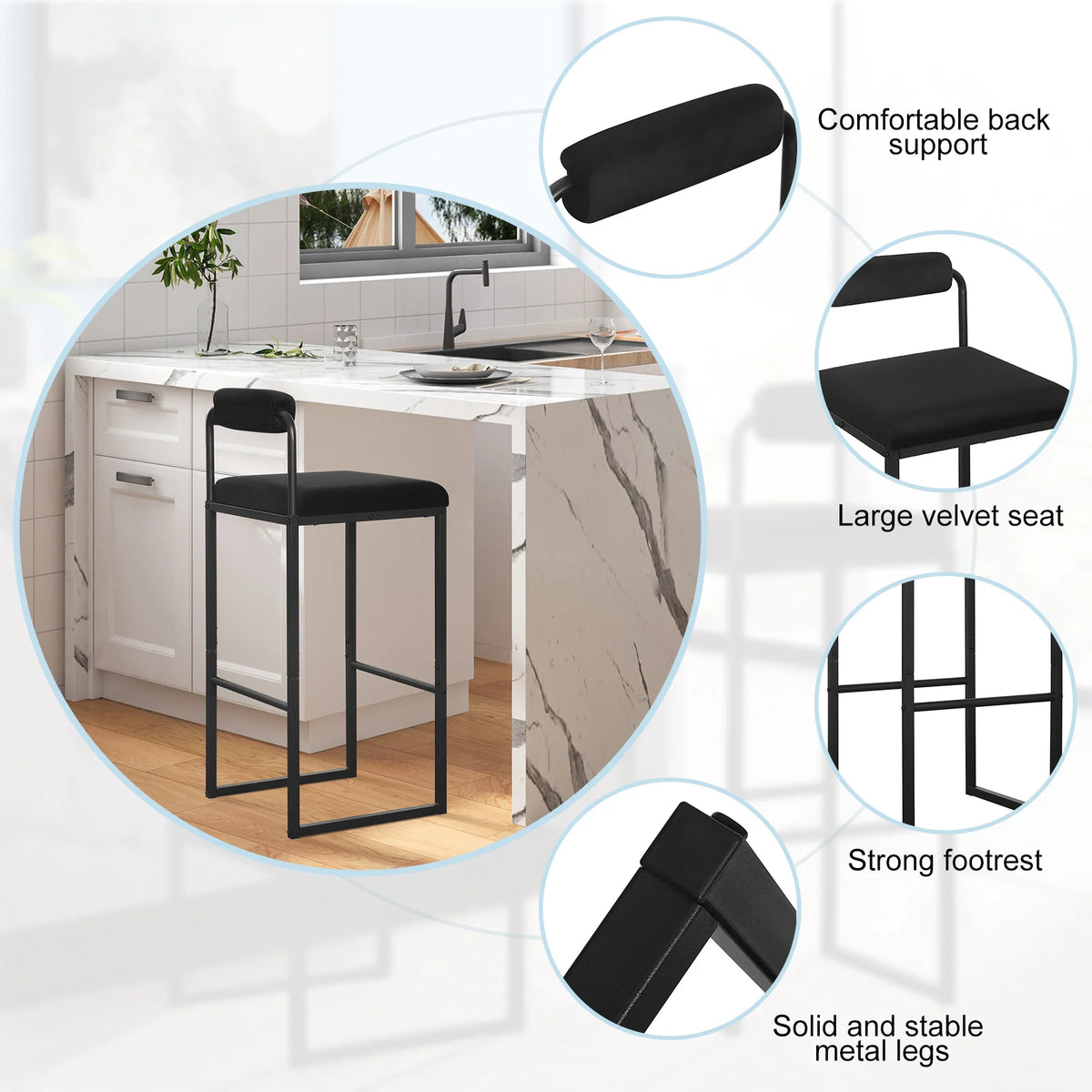 WOLTU 2PCS/SET High Kitchen Bar Stools with Backrest and Footrest Modern Design Ergonomic for Pub Cafe