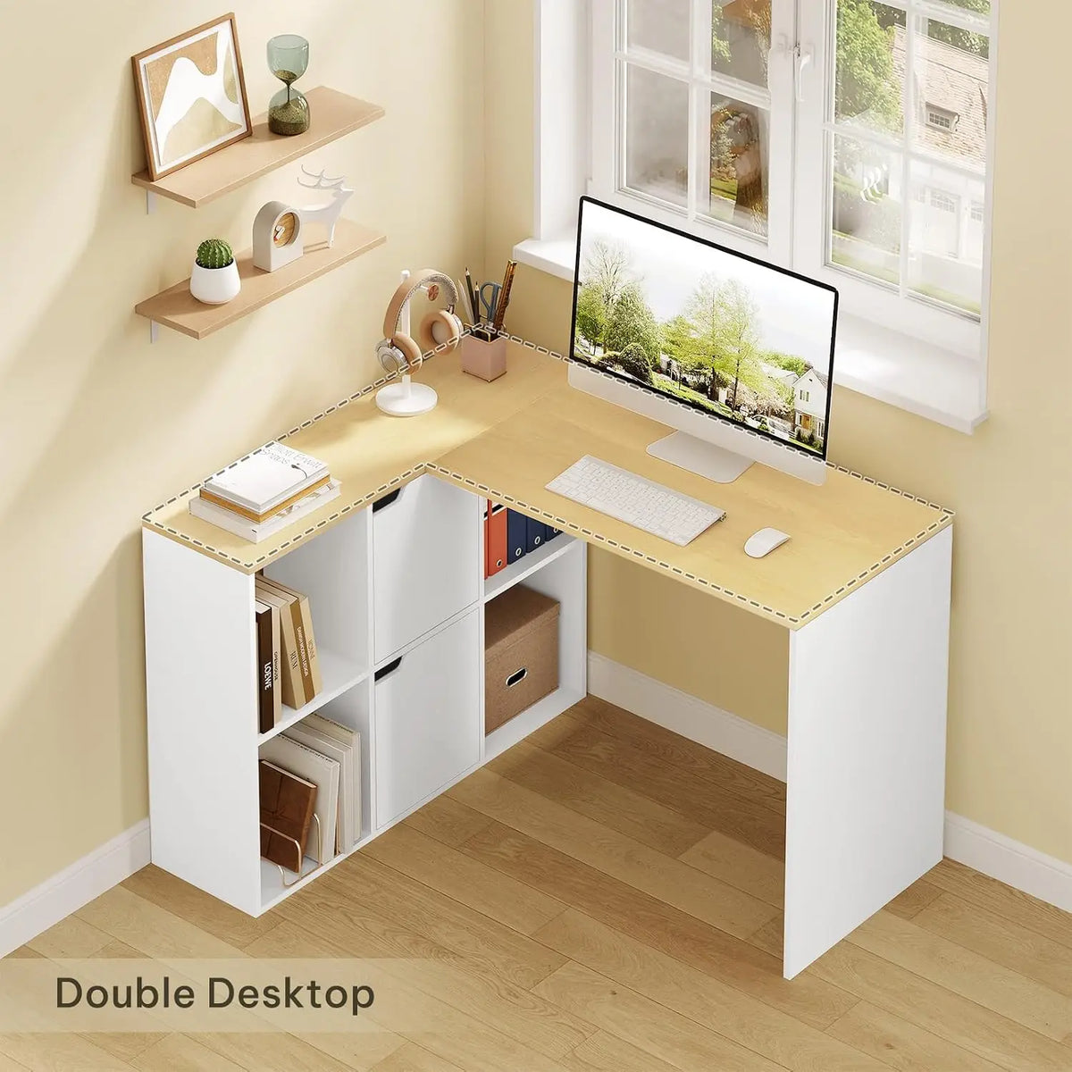 EUGAD L-Shape Computer Office Desk with Shelves Bookcase 118x100x75cm Corner Work Study Writing Table
