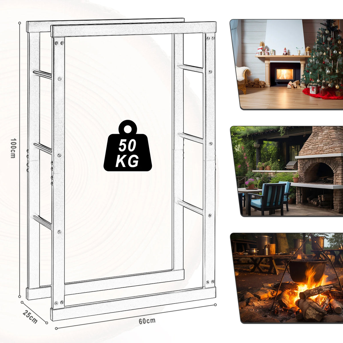 Zwart metaal brandhoutrek van BukkitBow, geschikt voor binnen en buiten, beschikbaar in 7 maten met stevig ontwerp.