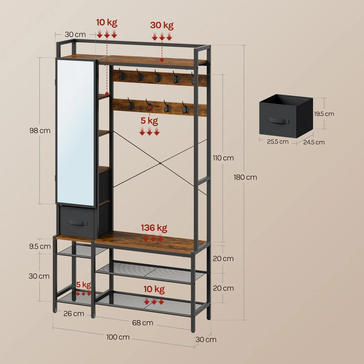 WOLTU Open Wardrobe with Shoe Rack and 2 Drawers Metal Frame Freestanding Coat Rack with Mirror 9 Hooks for Bedroom Hallway 100×30×180cm