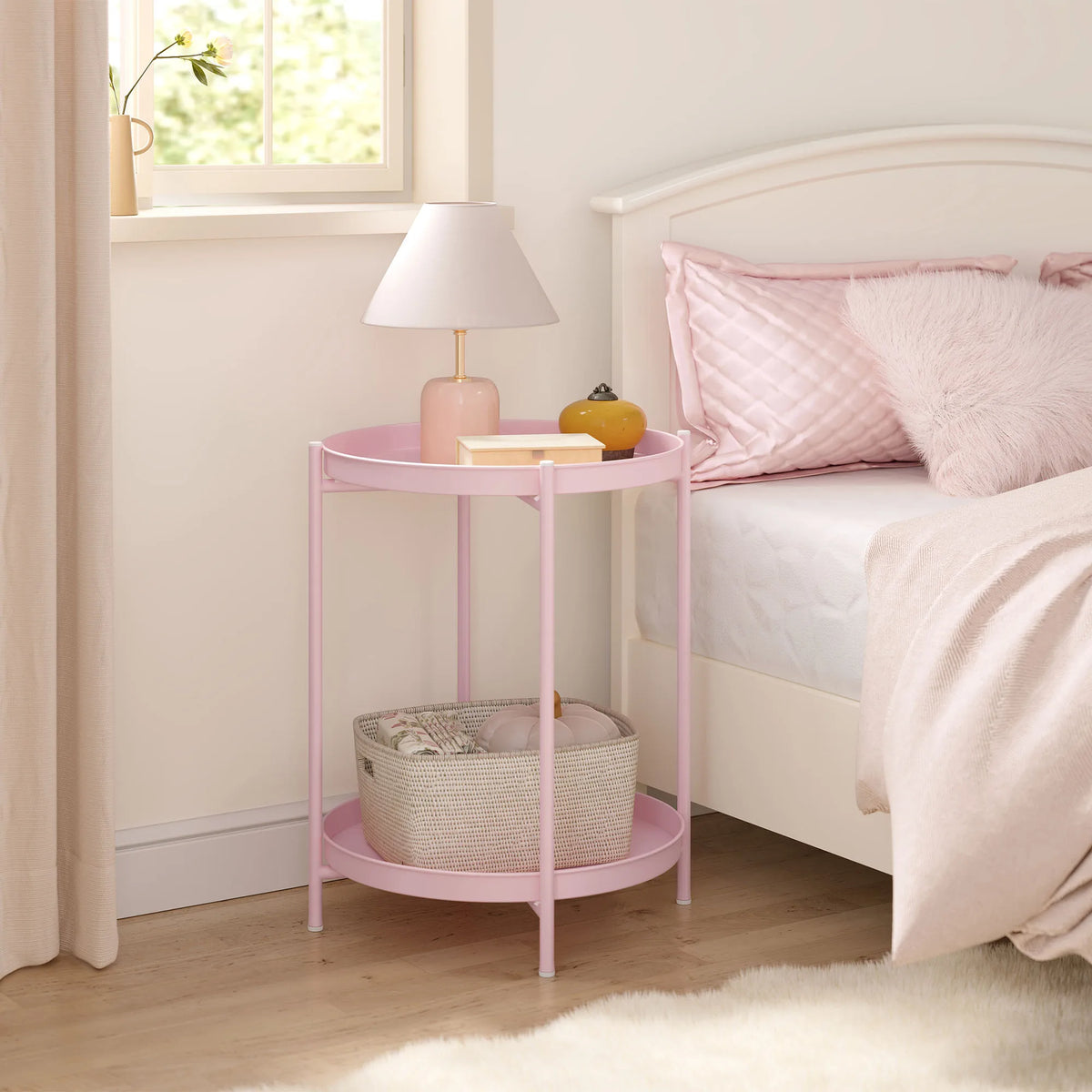 WOLTU Round Coffee Table Metal Side Table with Storage Space 2 Removable Trays Bedside Table for Living Room Bedroom Decor