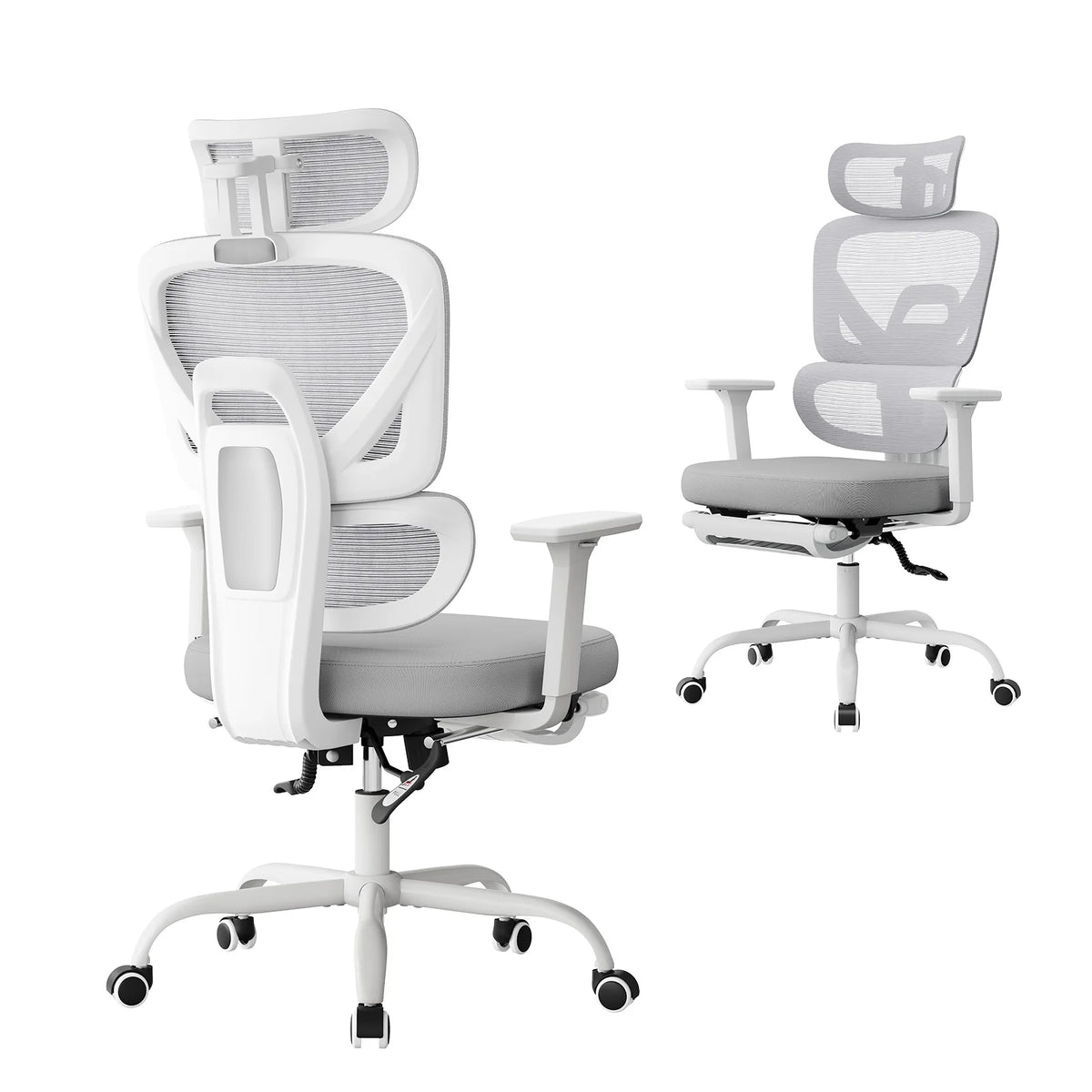 Grijze ergonomische bureaustoel van voren en achteren, met mesh rugleuning, hoofdsteun en wielen