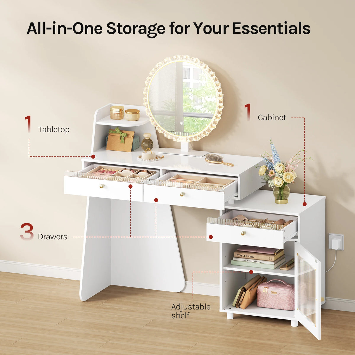 WOLTU Makeup Vanity Table with Round Mirror and LED Light Dressing Table with 3 Drawers 1 Cabinet Mountable on Left or Right for Bedroom