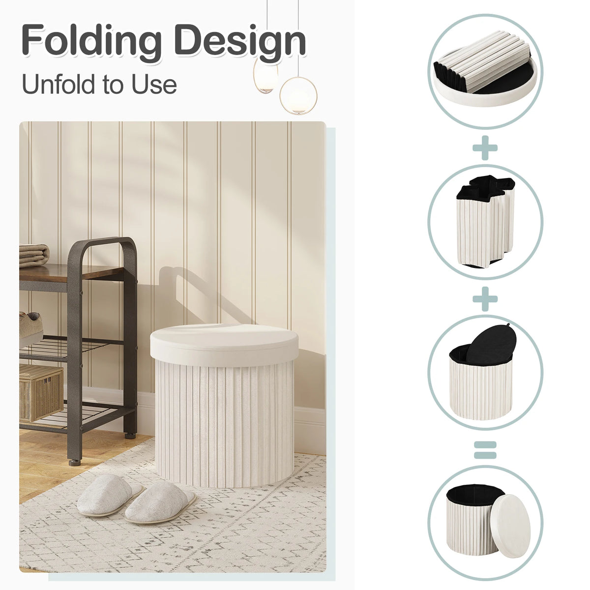 WOLTU Velvet Footstool Round Ottoman MDF Foldable Storage Stool with Creative Storage Box Removable Padded Lid for Living Room