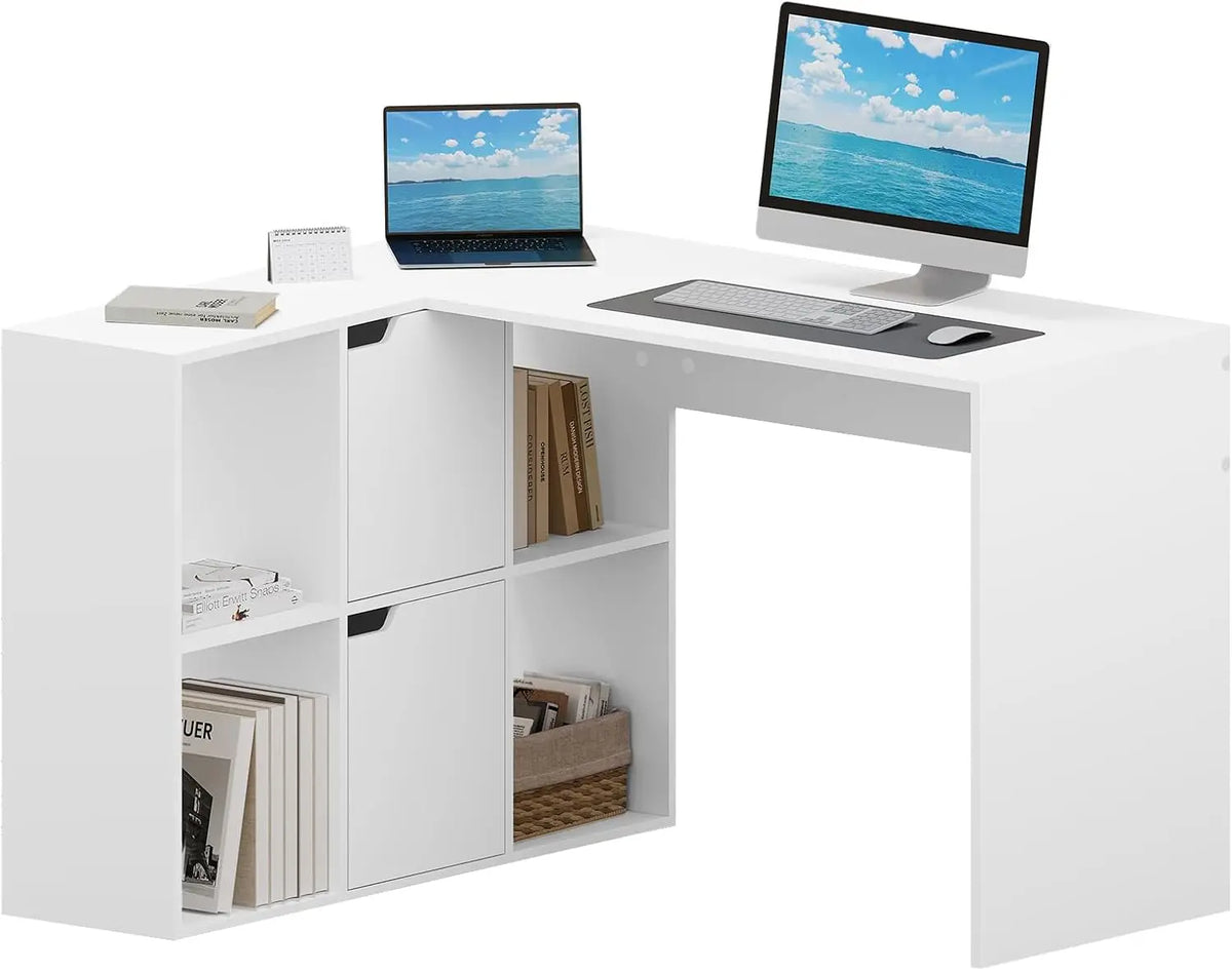EUGAD L-Shape Computer Office Desk with Shelves Bookcase 118x100x75cm Corner Work Study Writing Table