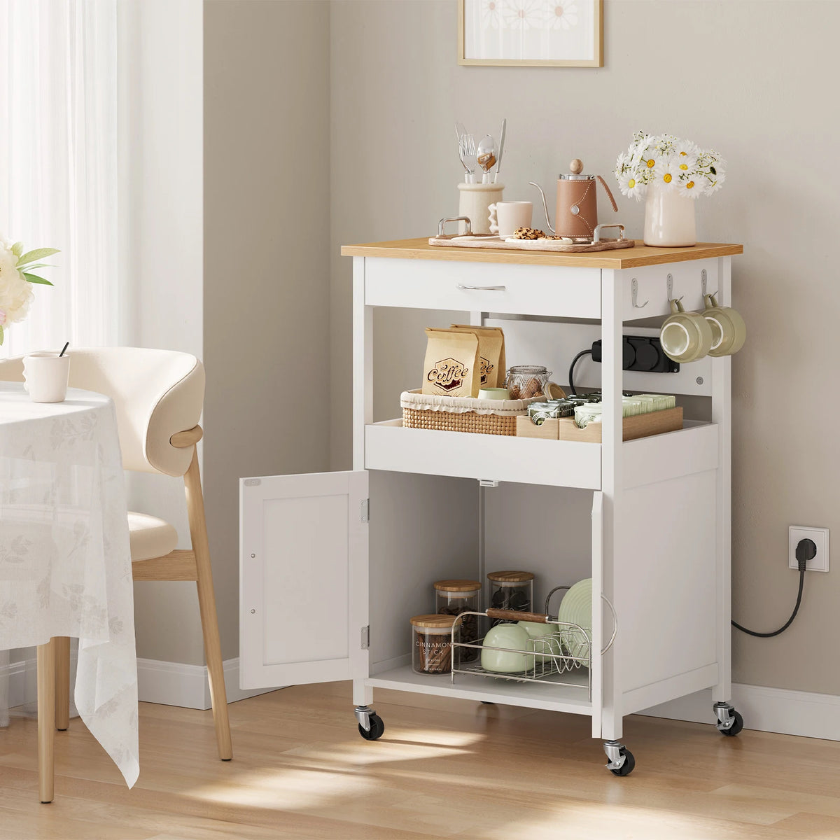 WOLTU Kitchen Trolley with Sockets Kitchen Island with Worktop and 2 Doors Sideboard on Rollers for Dining Room Kitchen Carts 60x92x45cm