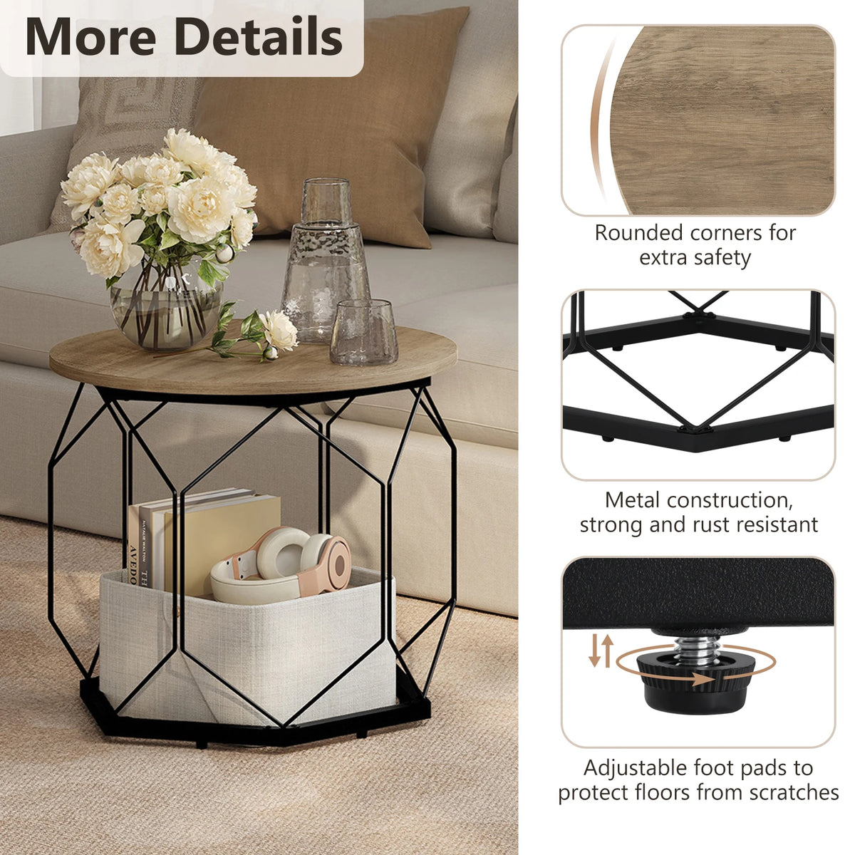 WOLTU 2PCS Round Coffee Tables Living Room Table Modern Side Table with Storage Space Metal Frame Wood Sofa Table for Apartment
