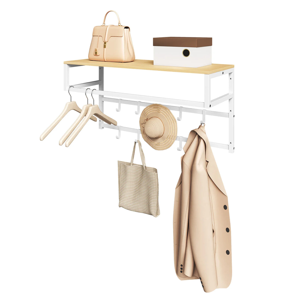 Coat Rack Wall Mounted Towel Rack with Shelf Clothes Rail with 10 Hooks for Bathroom Kitchen Home Storage Organizer 80x30x41cm