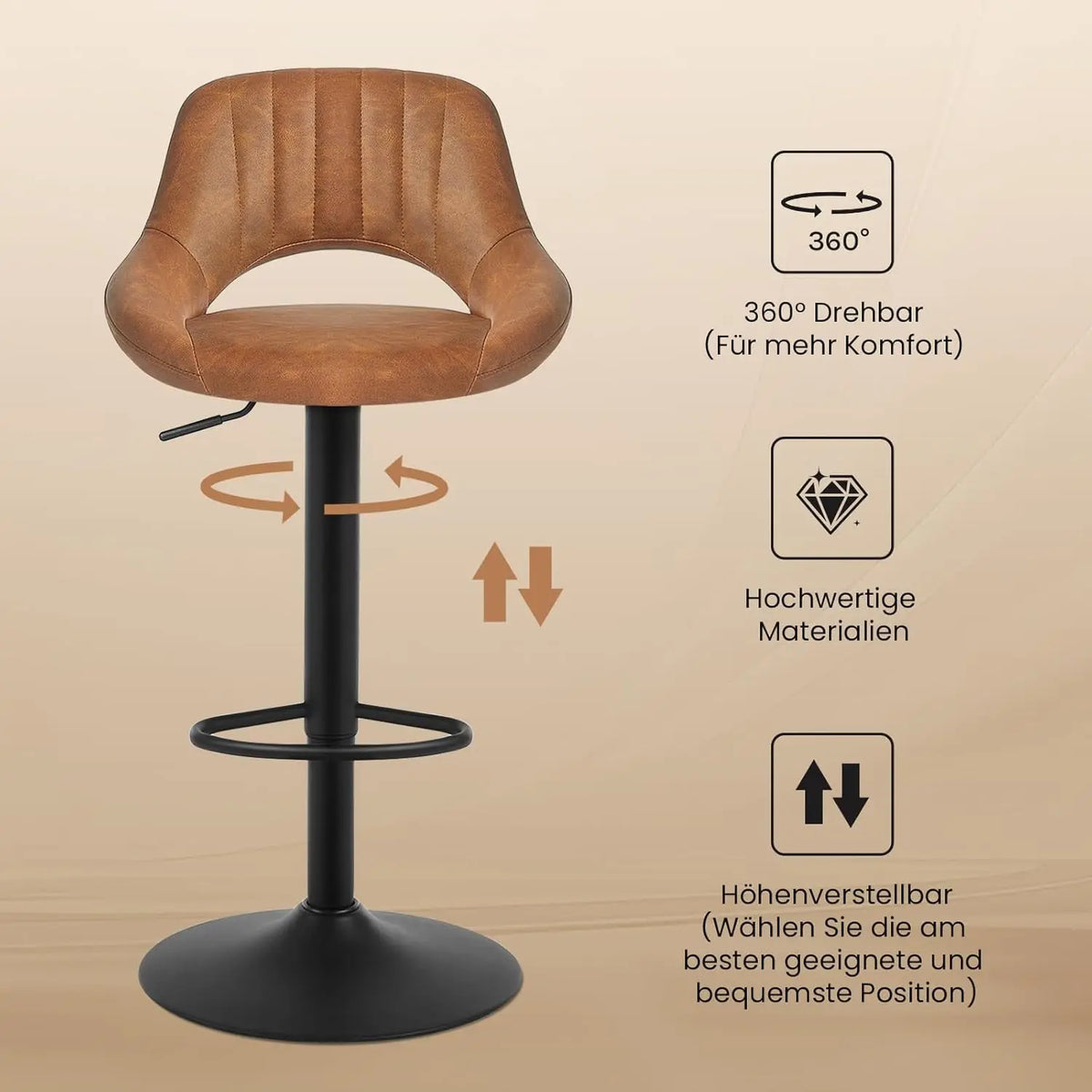 Eugad 2PCs/SET Height-Adjustable Faux Leather Bar Stools with Backrest 360° Rotatable Swivel Lifting Kitchen Bistro Stool Home Decor