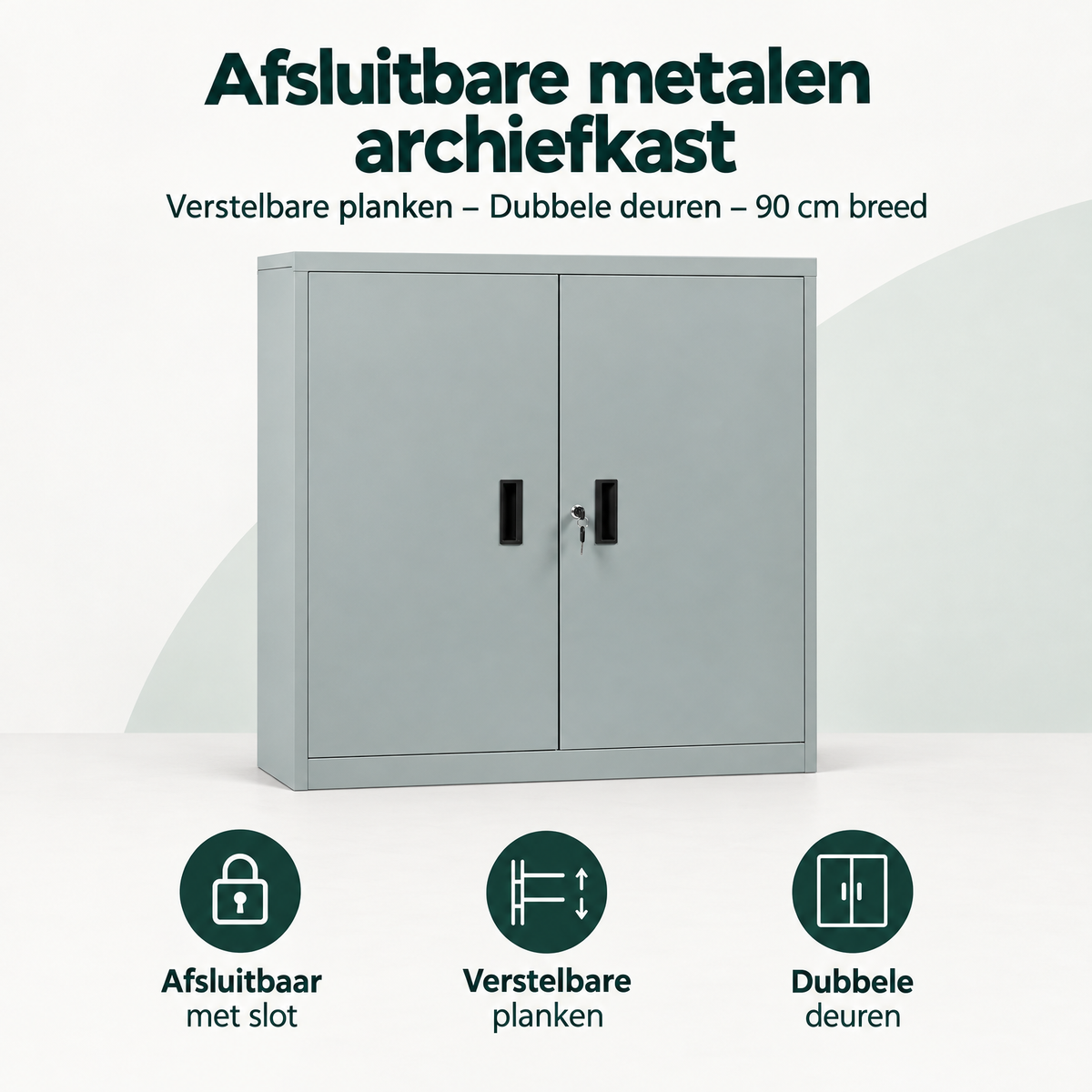 Overzicht van afsluitbare metalen archiefkast met de belangrijkste productvoordelen