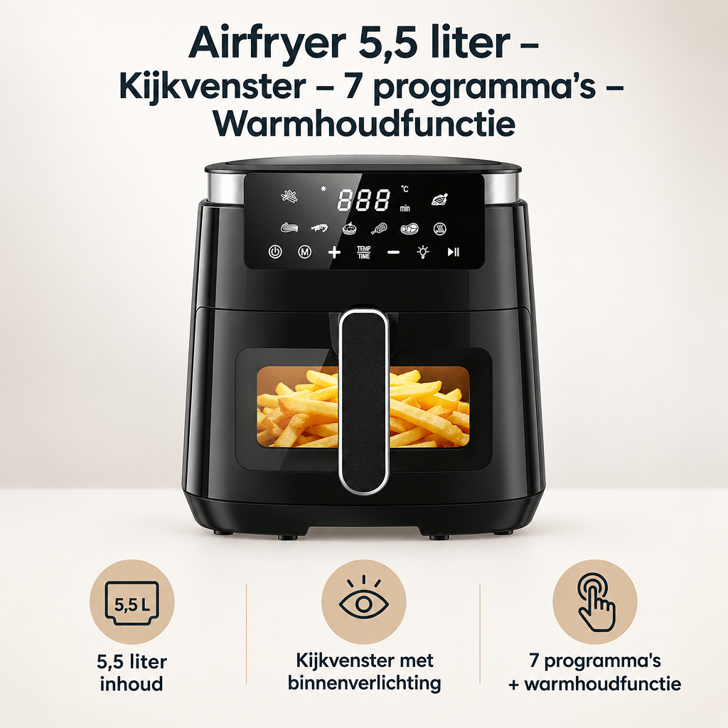Overzicht van airfryer 5,5 liter met de belangrijkste productvoordelen