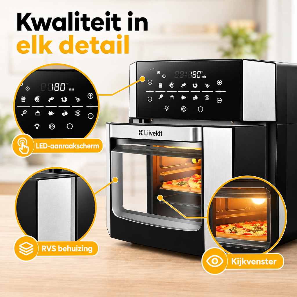 Detail van materiaal en afwerking van airfryer oven 15 liter