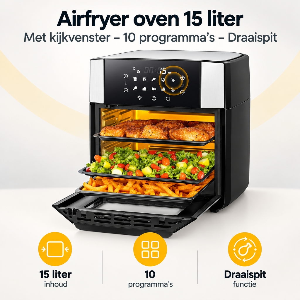 Overzicht van airfryer oven 15 liter met de belangrijkste productvoordelen