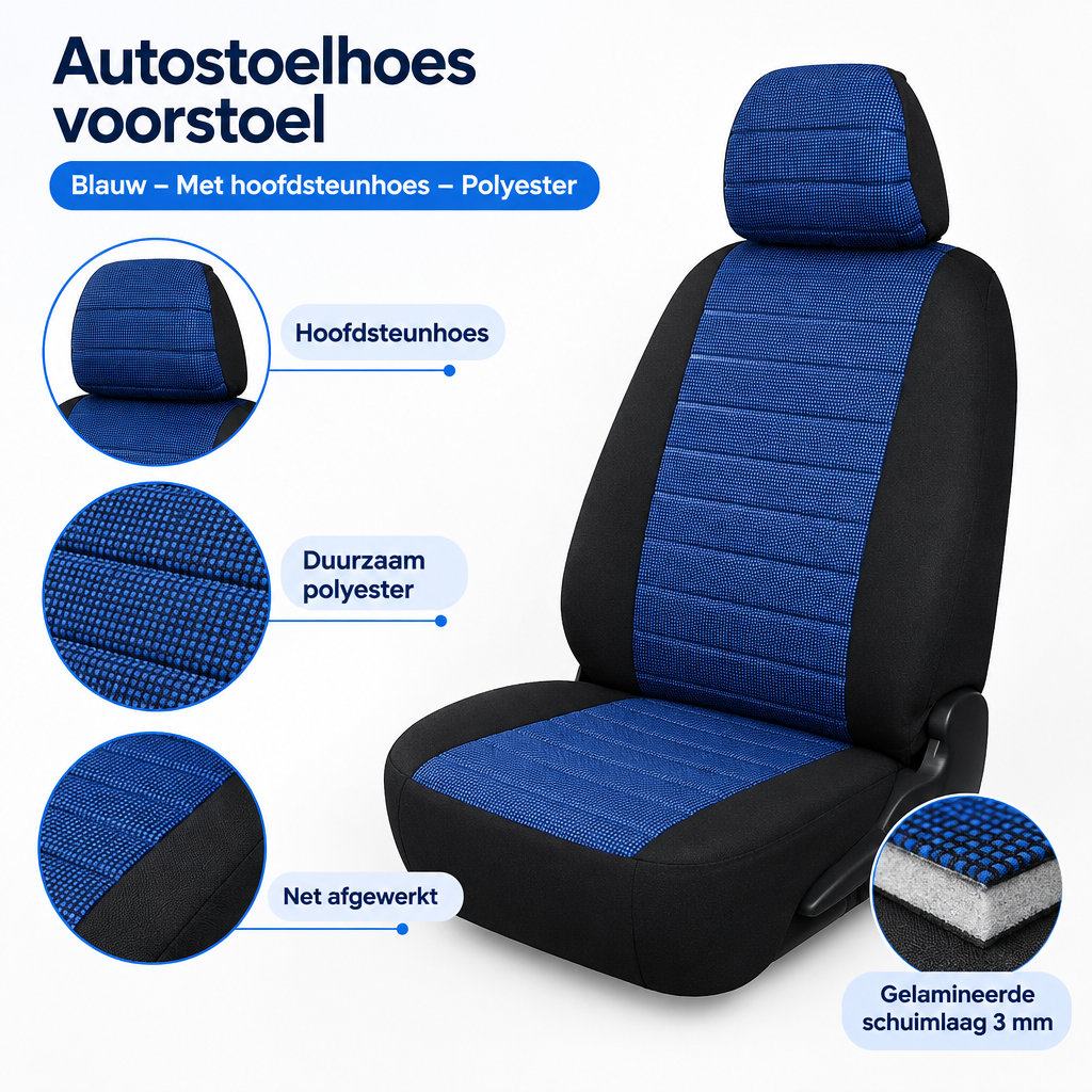 Detail van materiaal en afwerking van autostoelhoes voorstoel