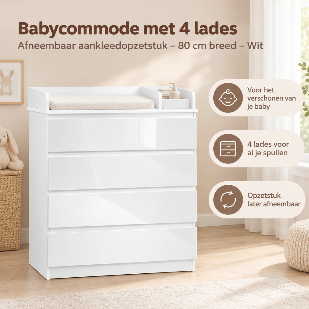Praktische toepassing en keuzehulp voor babycommode met 4 lades